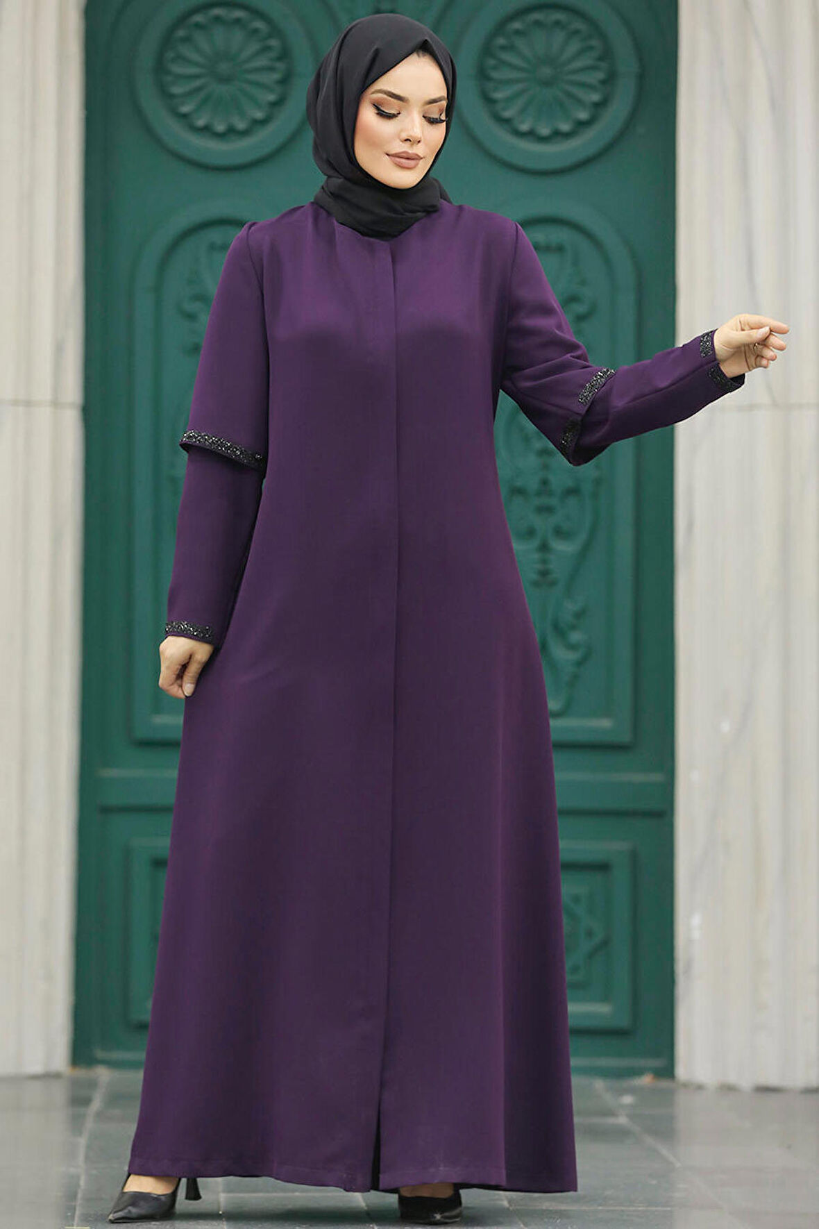 Kolları Detaylı Mürdüm Tesettür Ferace 10091MU