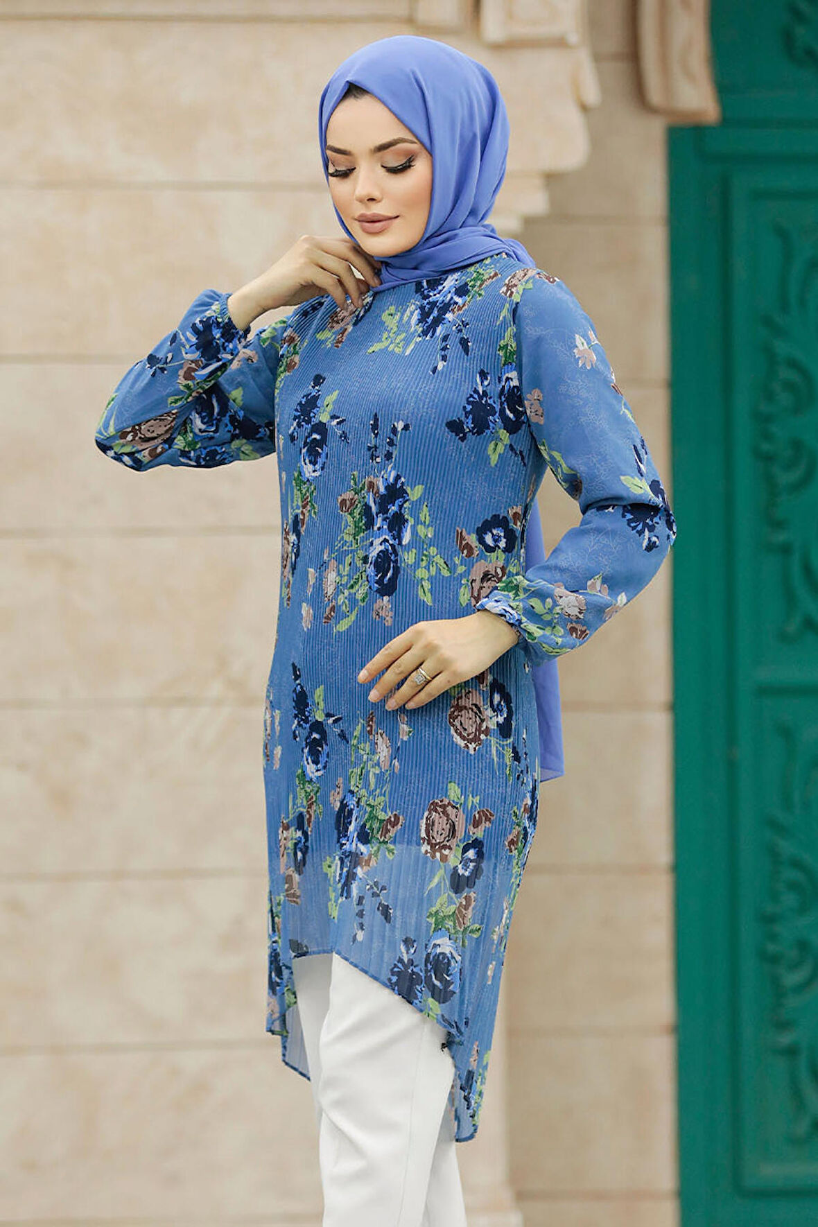 Çiçek Desenli İndigo Mavisi Tesettür Tunik 91236IM