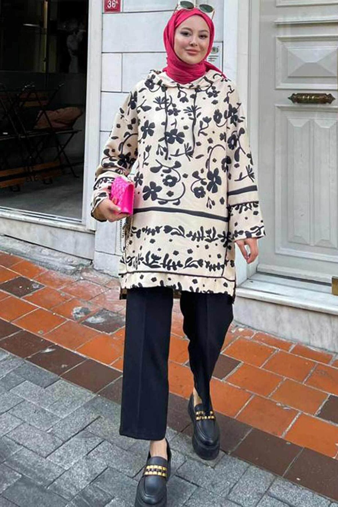 Kapşonlu Desenli Siyah Tesettür İkili Takım 9296S