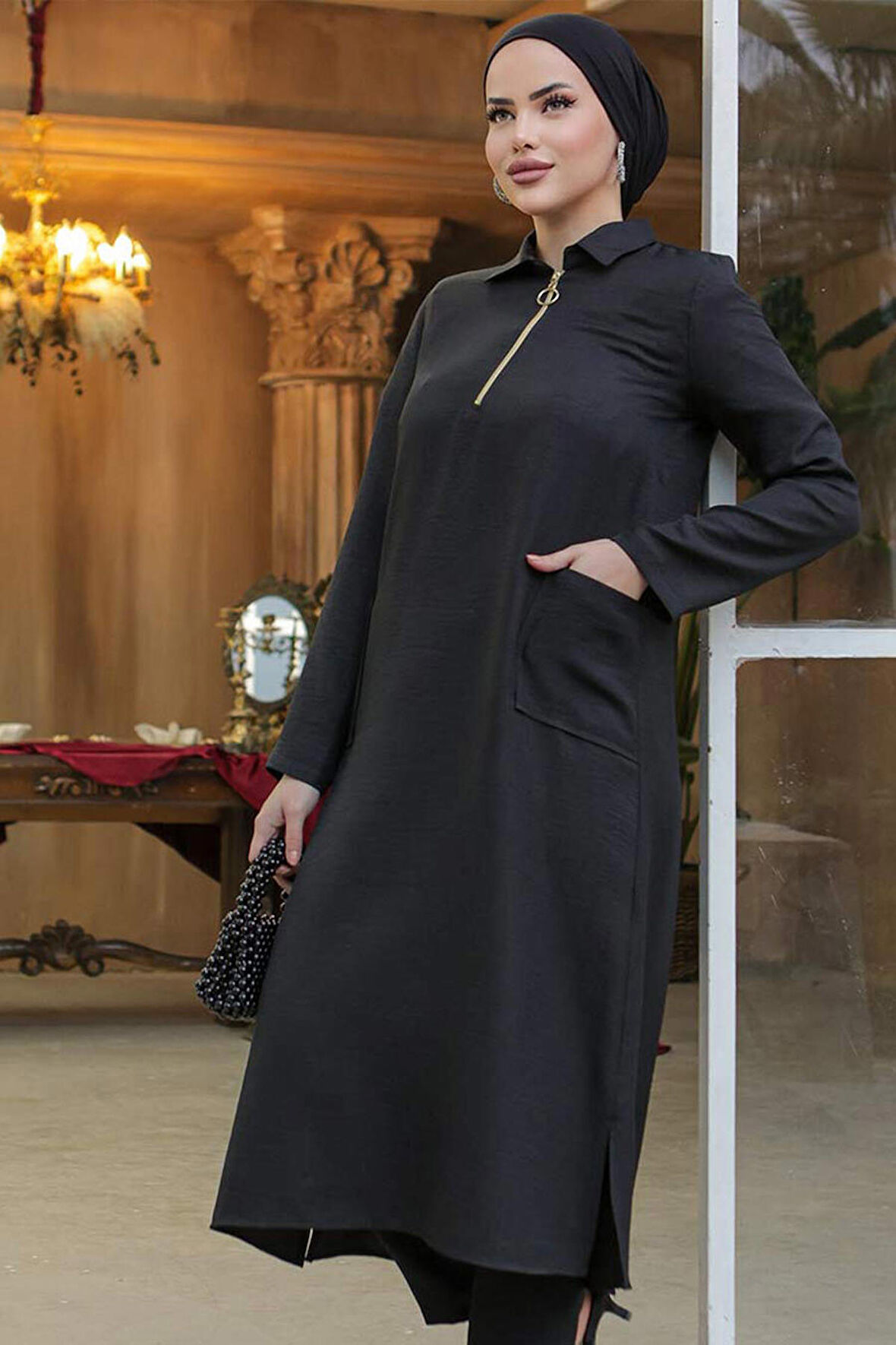 Cepli Siyah Tesettür Tunik 4771S