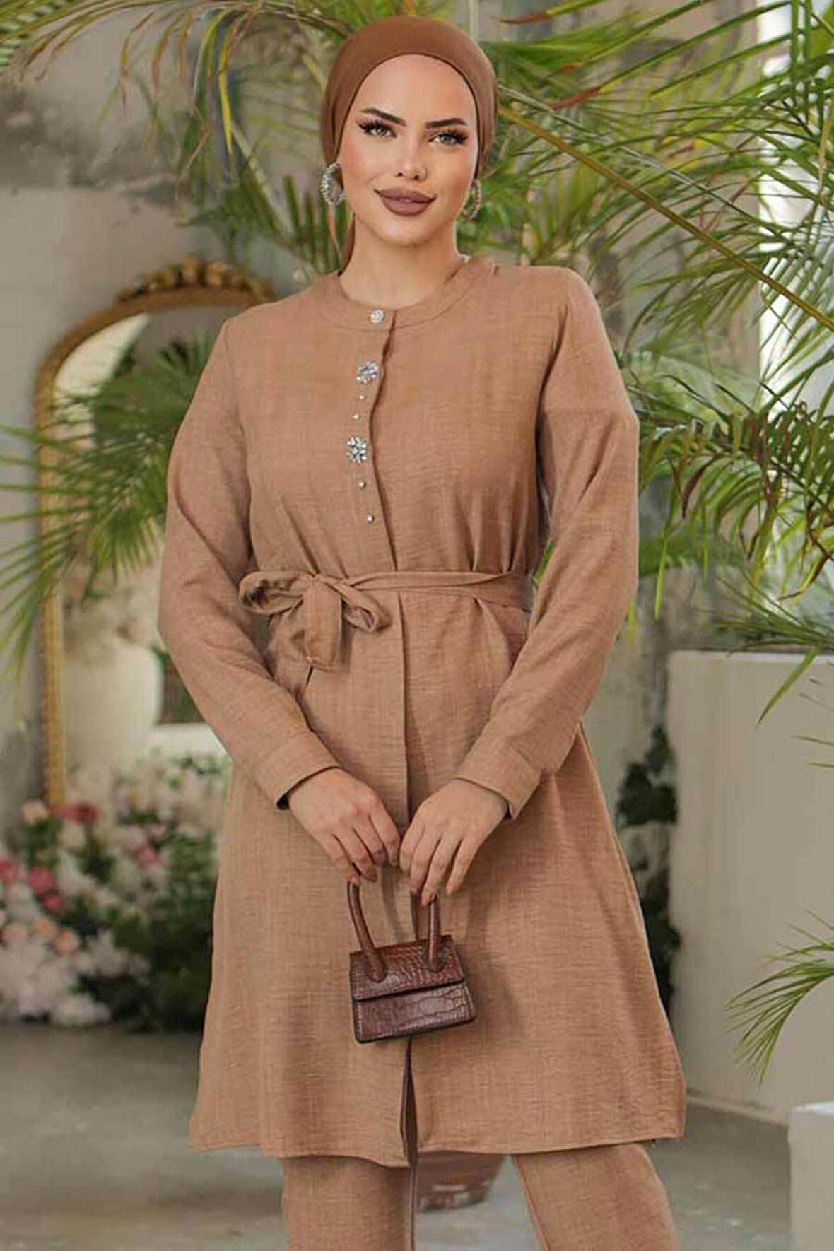 Düğmeli Camel Tesettür Tunik 658C