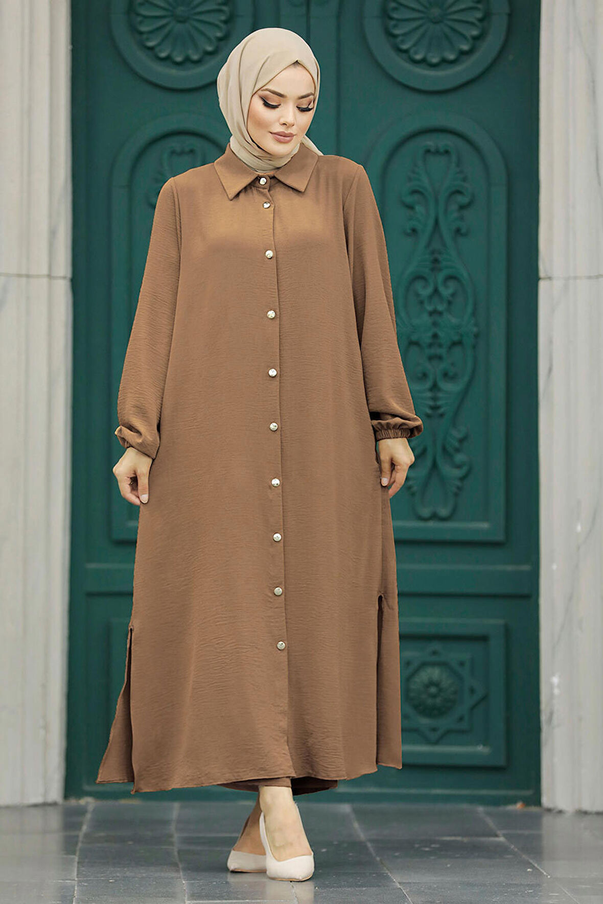 Düğmeli Camel Tesettür İkili Takım 10101C