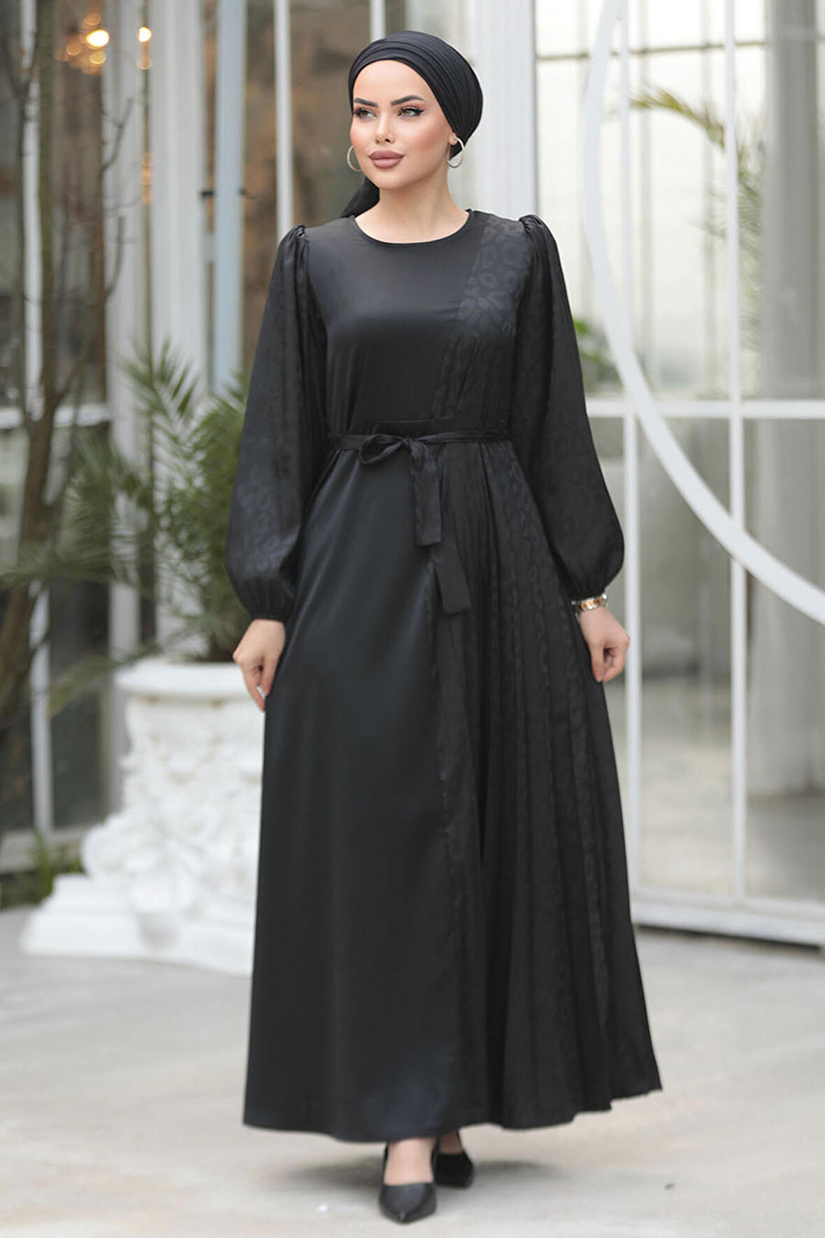 Kemerli Siyah Tesettür Elbise 30381S