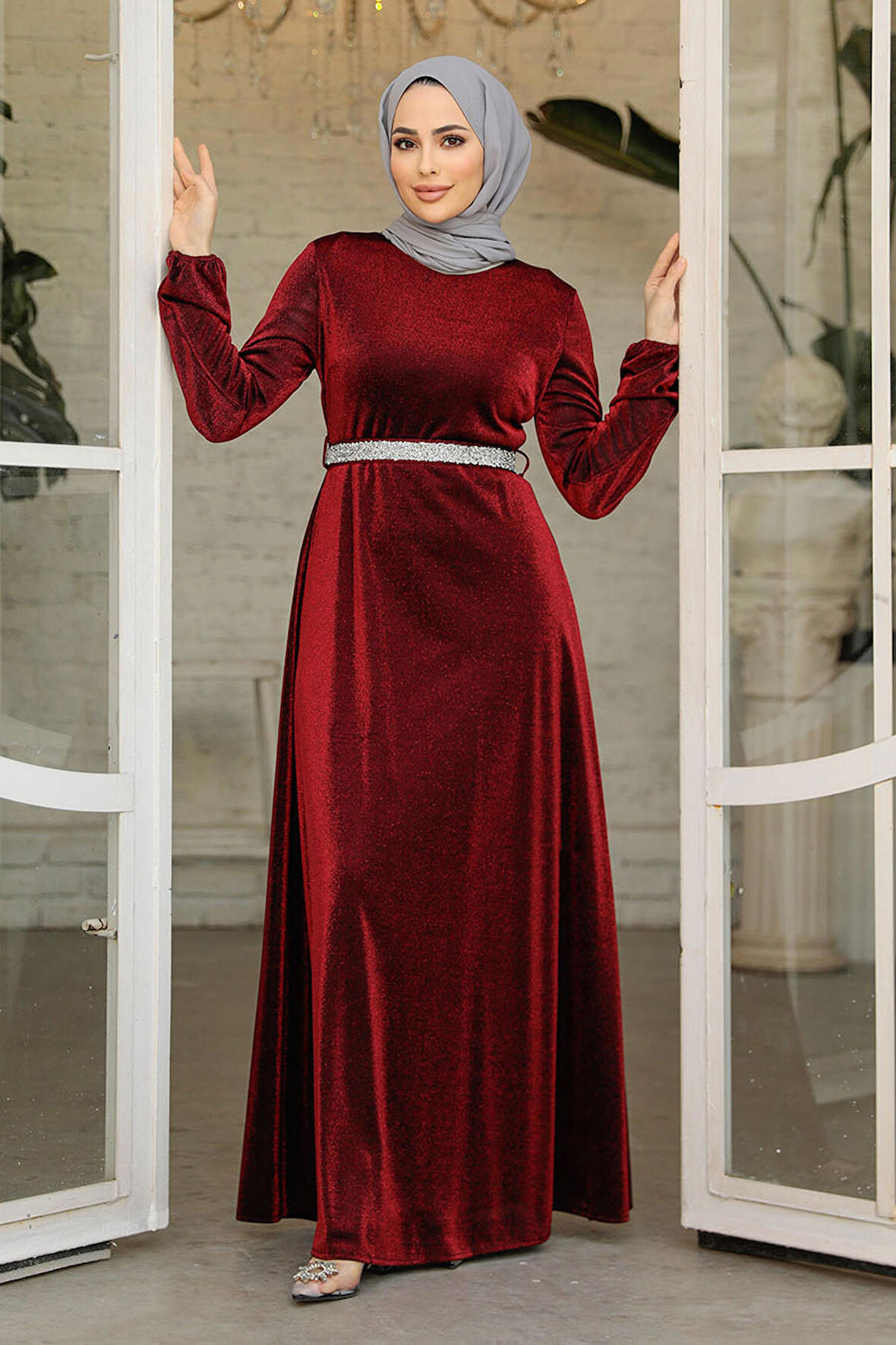 Simli Bordo Tesettür Abiye Elbise 42541BR