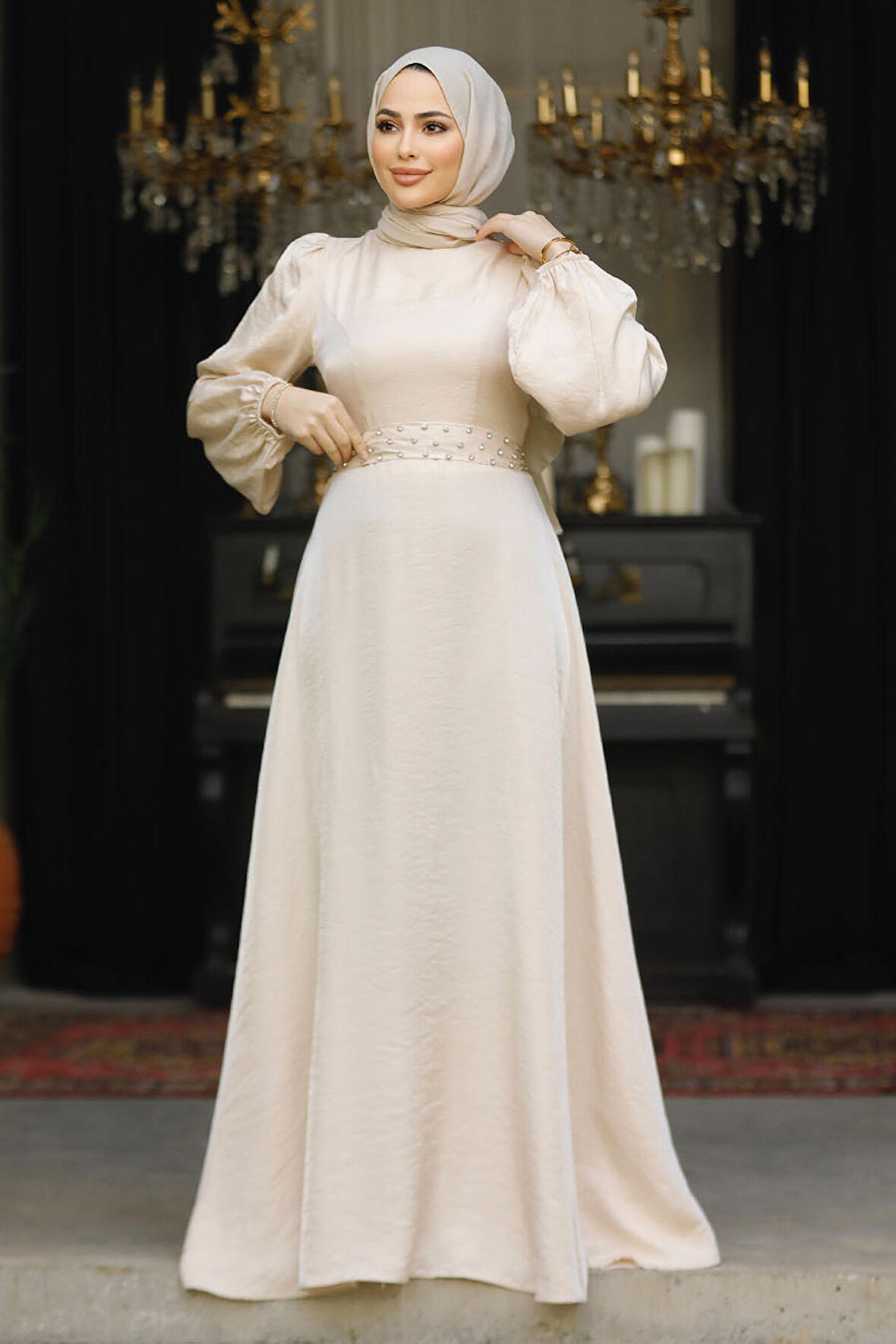 Boncuk Detaylı Bej Tesettür Abiye Elbise 23301BEJ