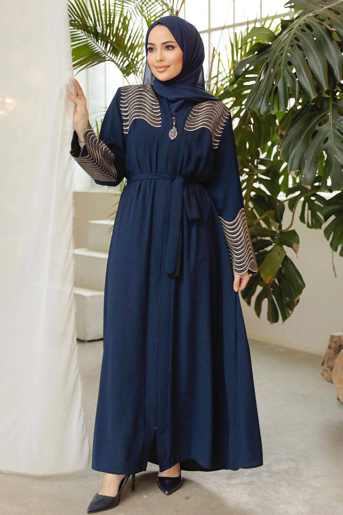 Desenli Lacivert Tesettür Ferace 29105L