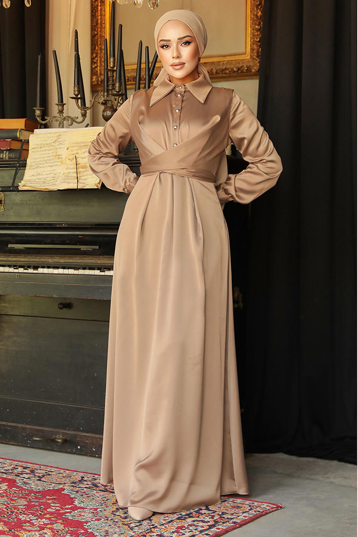 Düğme Detaylı Vizon Tesettür Saten Elbise 45661V