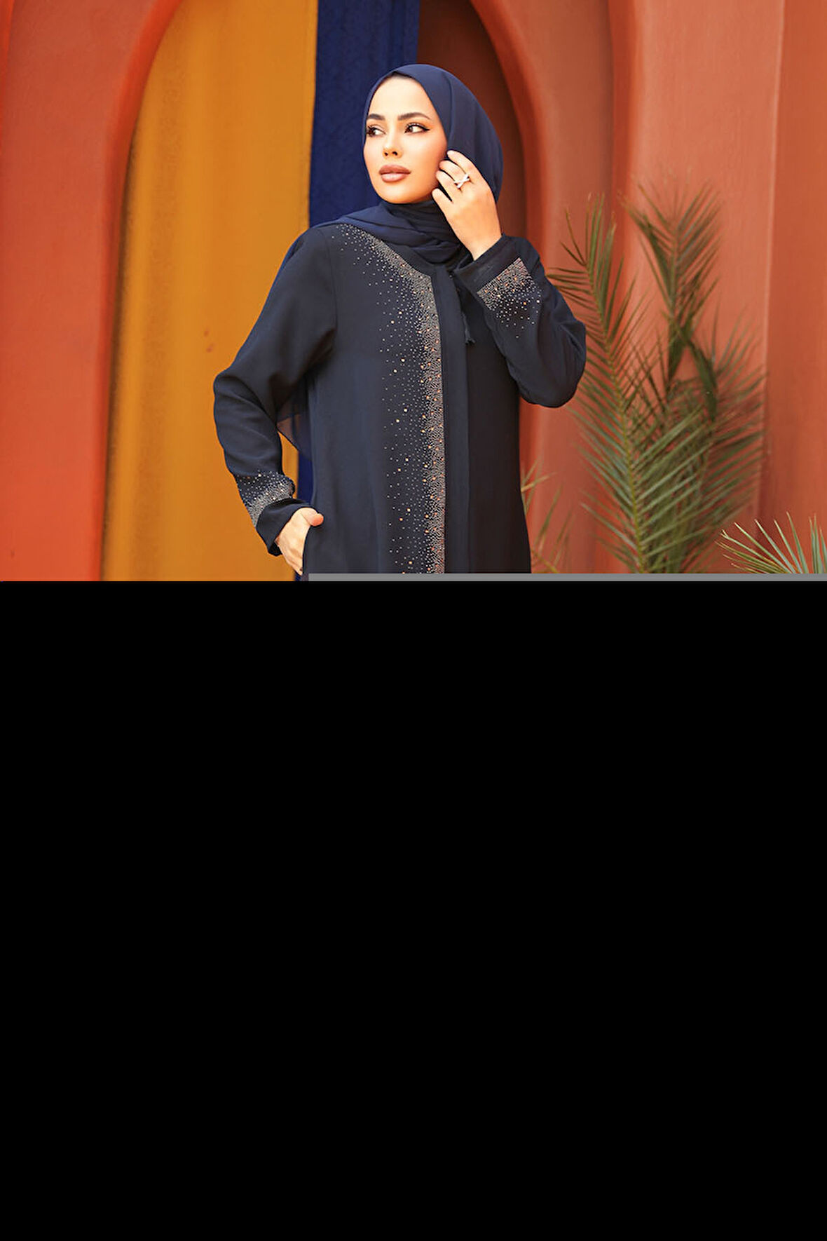 Boncuk Detaylı Lacivert Tesettür Abaya 26331L