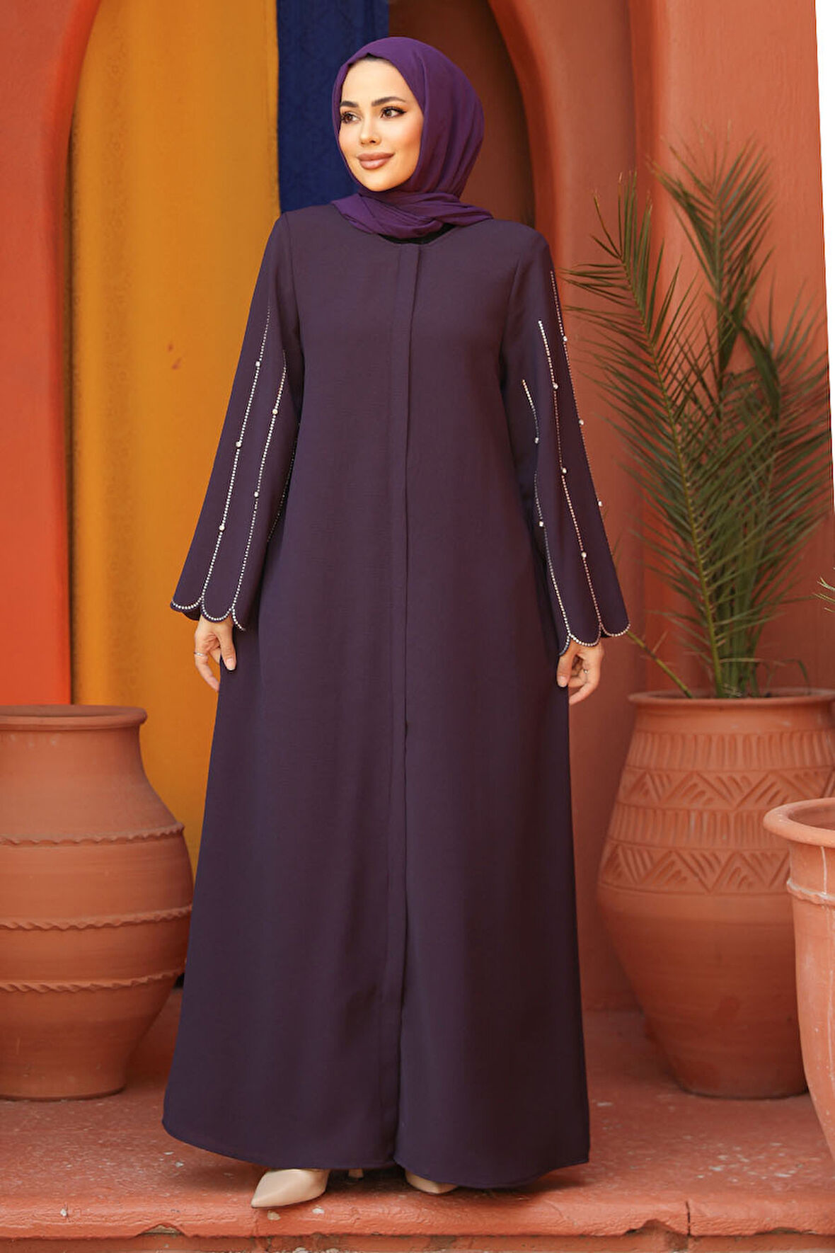 Kolları İşlemeli Mürdüm Tesettür Abaya 2634MU