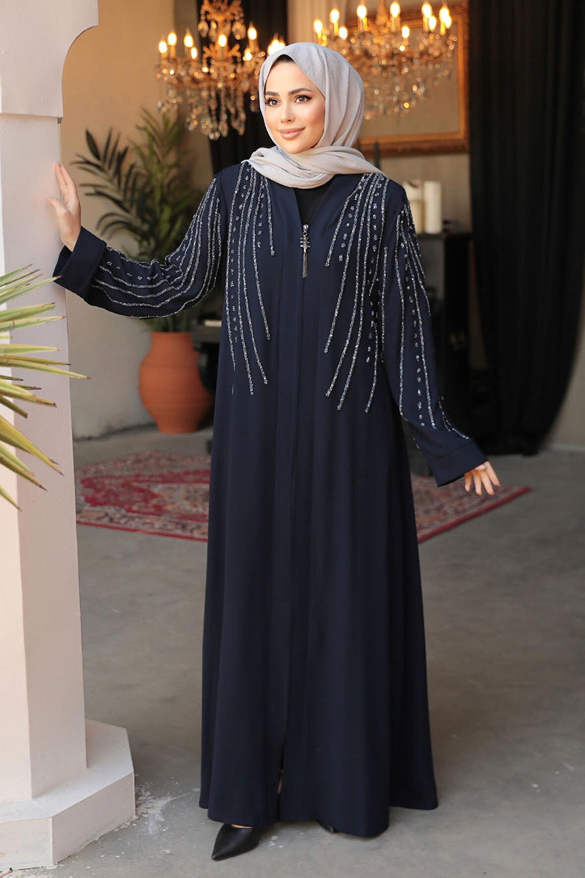 Boncuk İşlemeli Lacivert Tesettür Abaya 29111L