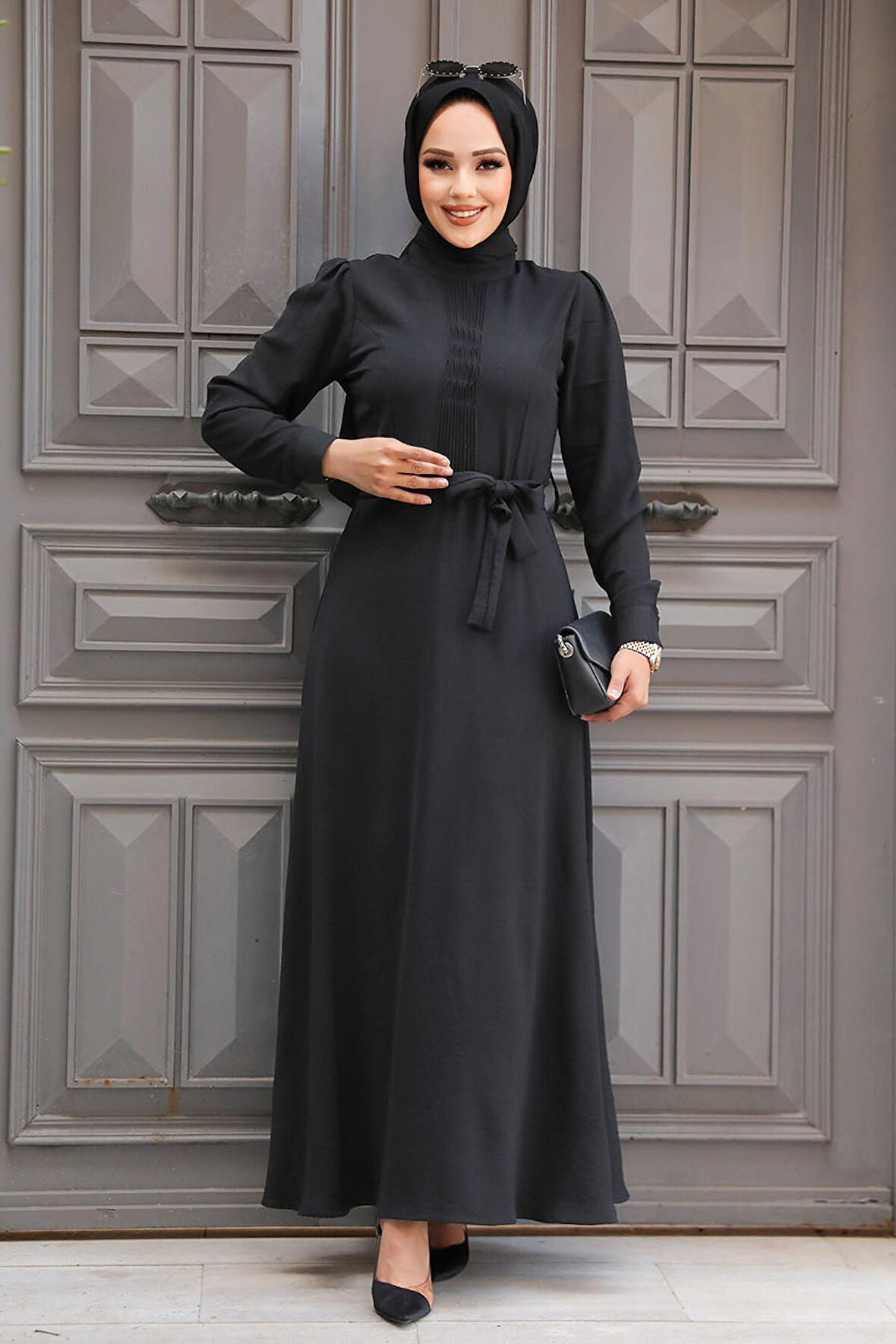 Kemerli Siyah Tesettür Elbise 6621S