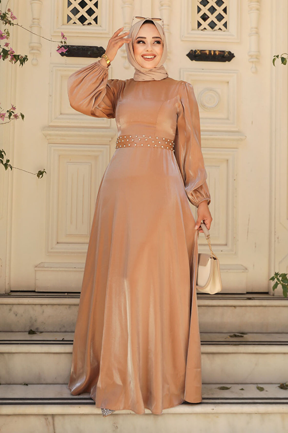 Boncuk Detaylı Camel Tesettür Abiye Elbise 23301C