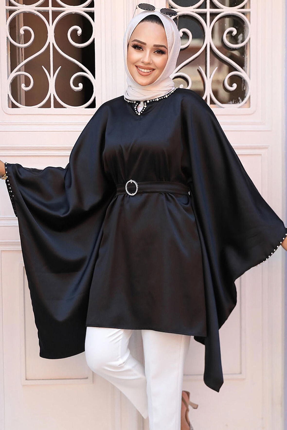 Yarasa Kol Siyah Tesettür Saten Tunik 41443S