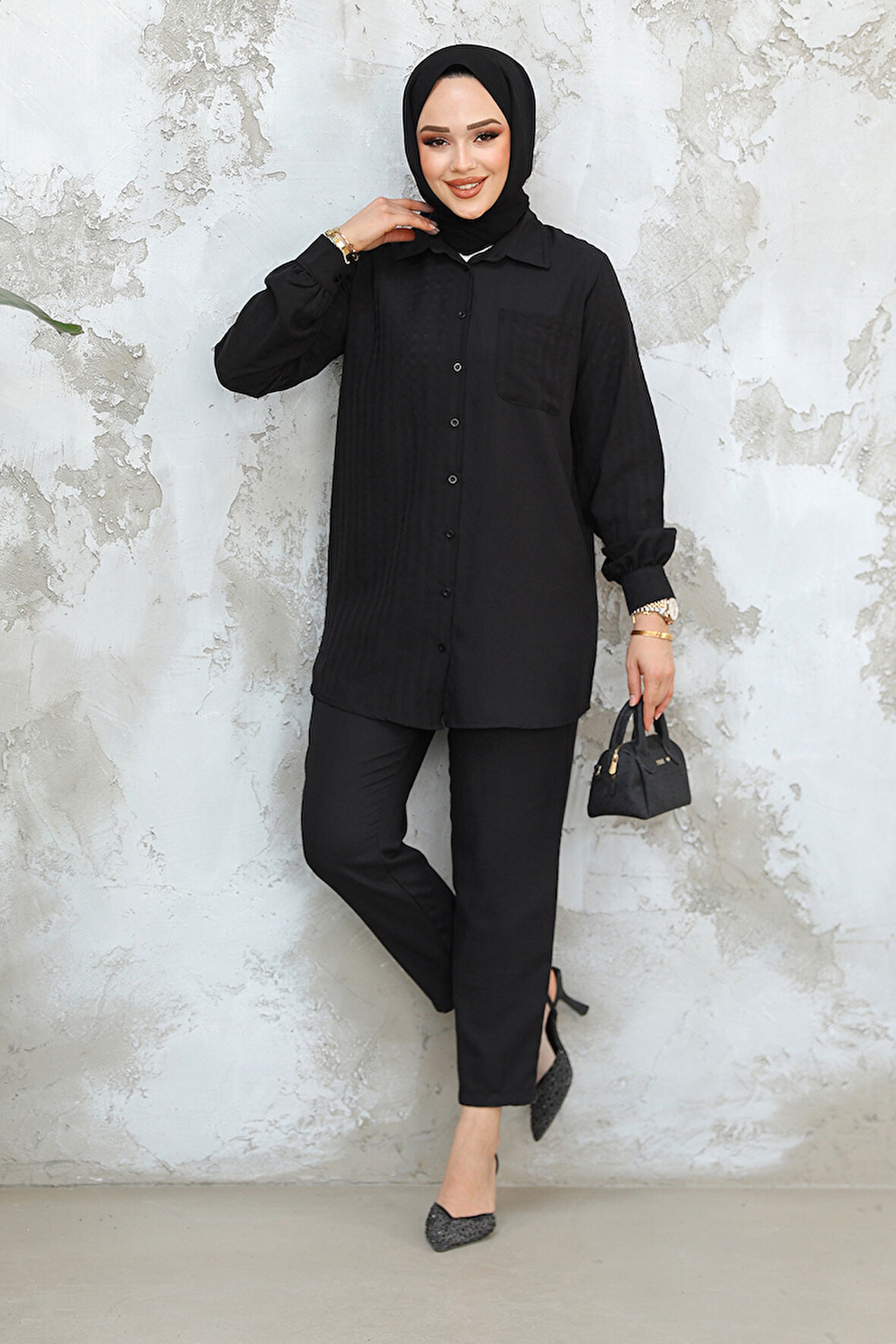 Pötikare Detaylı Siyah Tesettür İkili Takım 12191S
