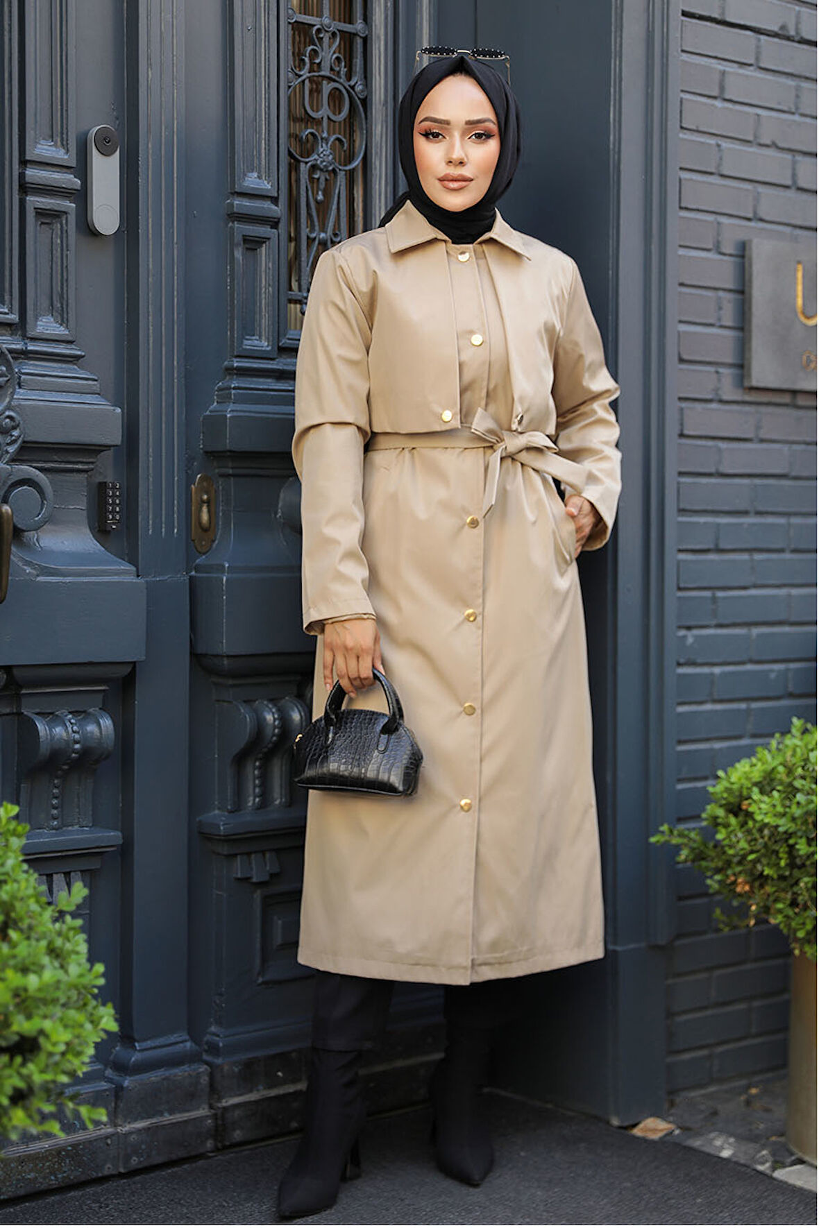 Düğmeli Bej Tesettür Trençkot 62131BEJ