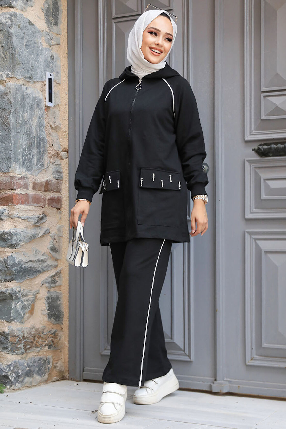 Kapşonlu Siyah Tesettür İkili Takım 20113S