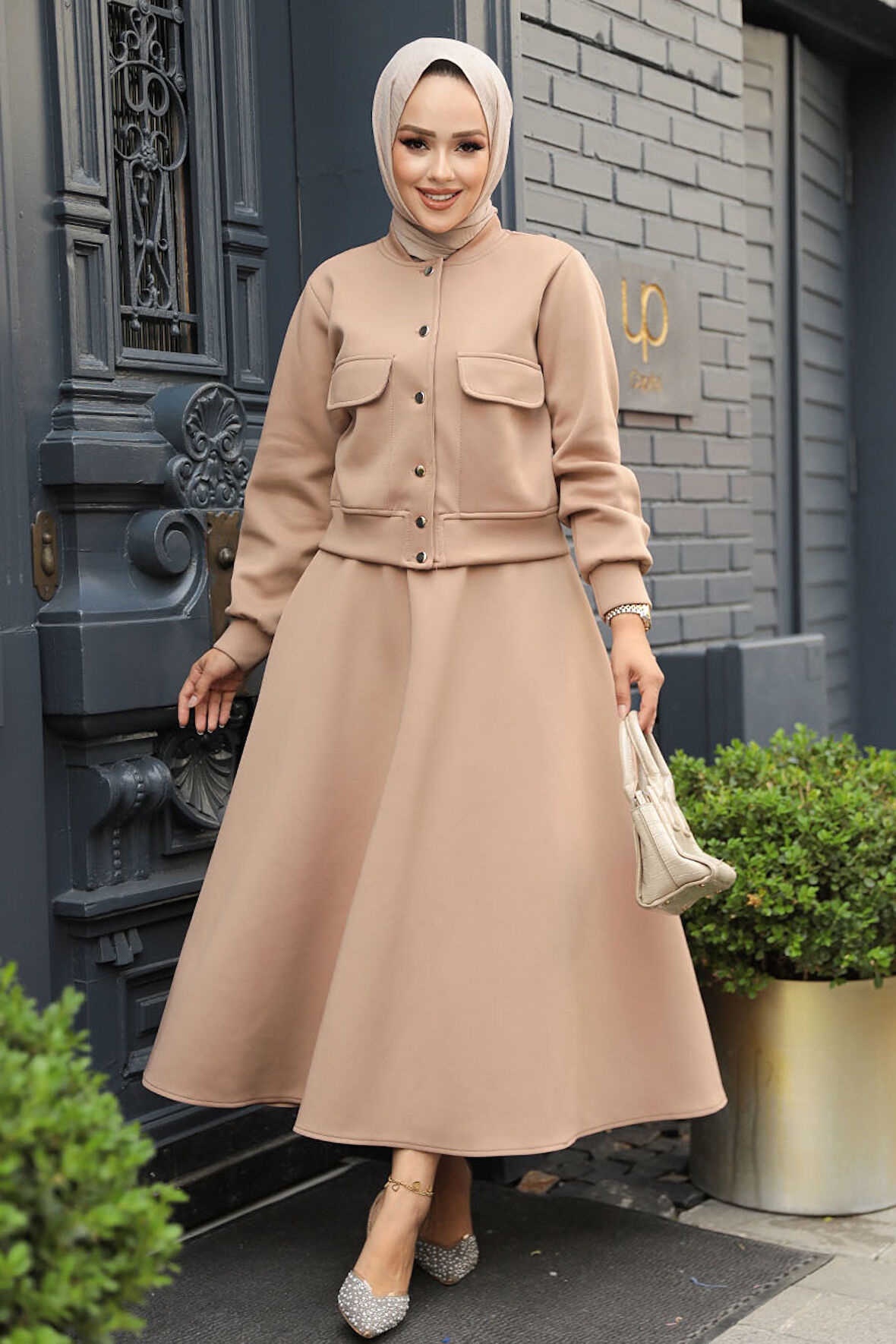 Düğmeli Bisküvi Tesettür Etekli İkili Takım 12261BS