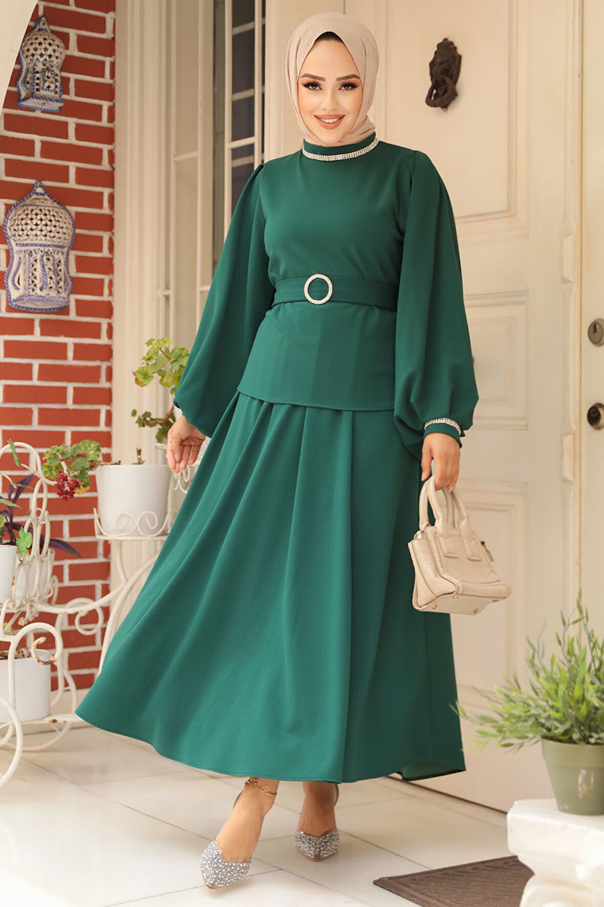 Kemerli Zümrüt Yeşili Tesettür Etekli İkili Takım 20024ZY