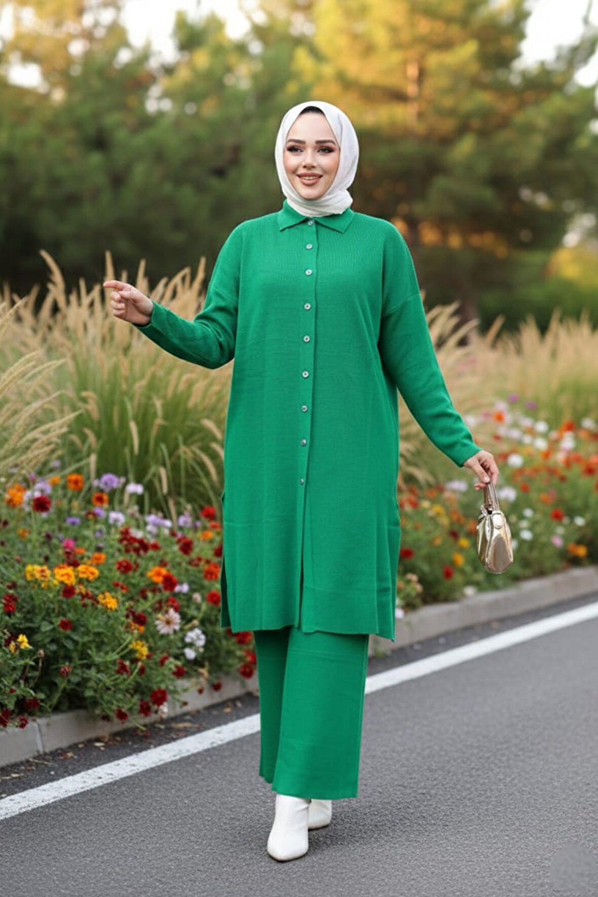 Yakalı Yeşil Tesettür Triko İkili Takım 34181Y