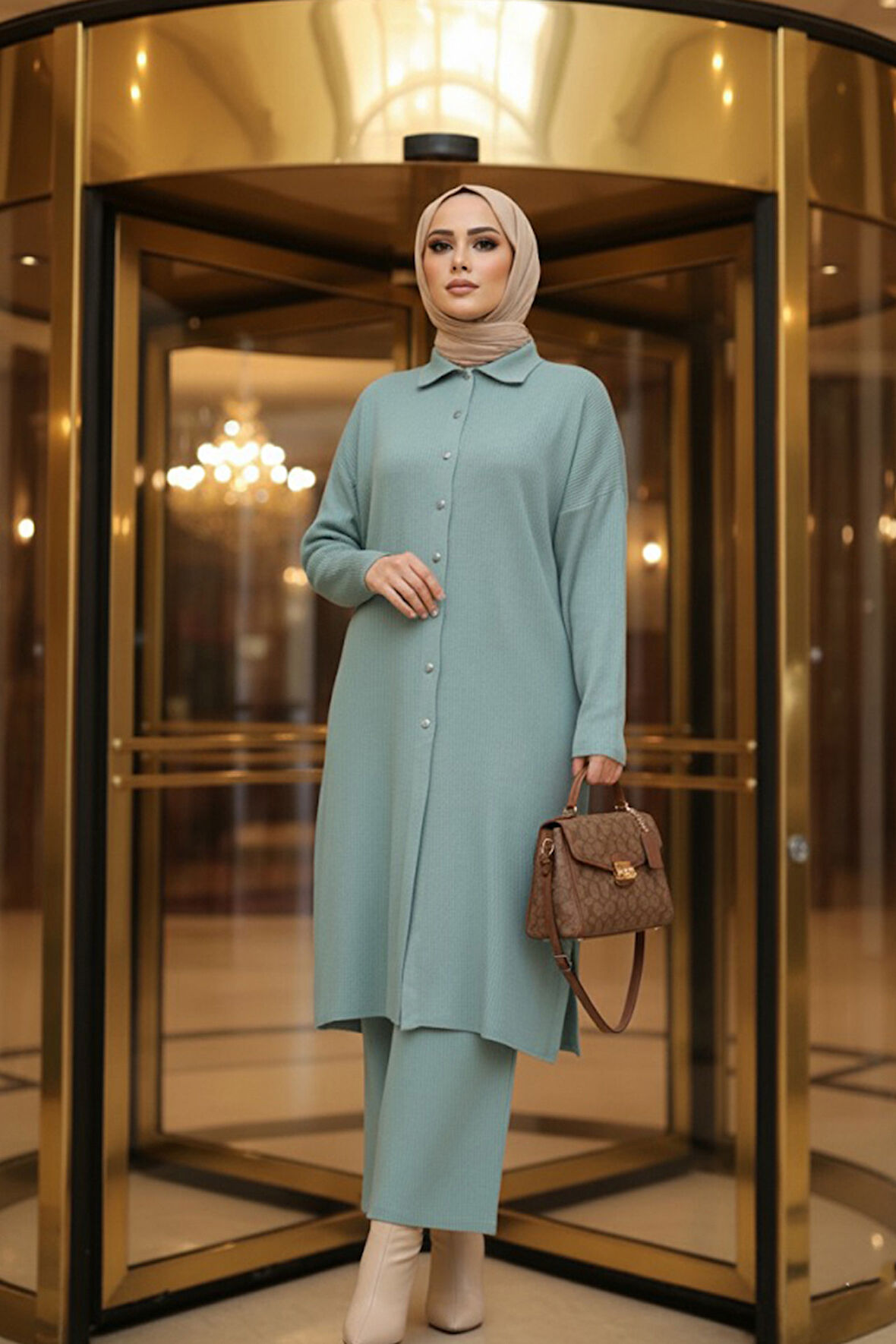 Yakalı Mint Tesettür Triko İkili Takım 34181MINT