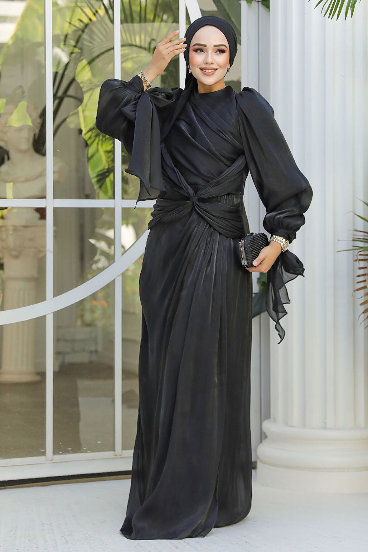 Drape Detaylı Siyah Tesettür Abiye Elbise 47261S