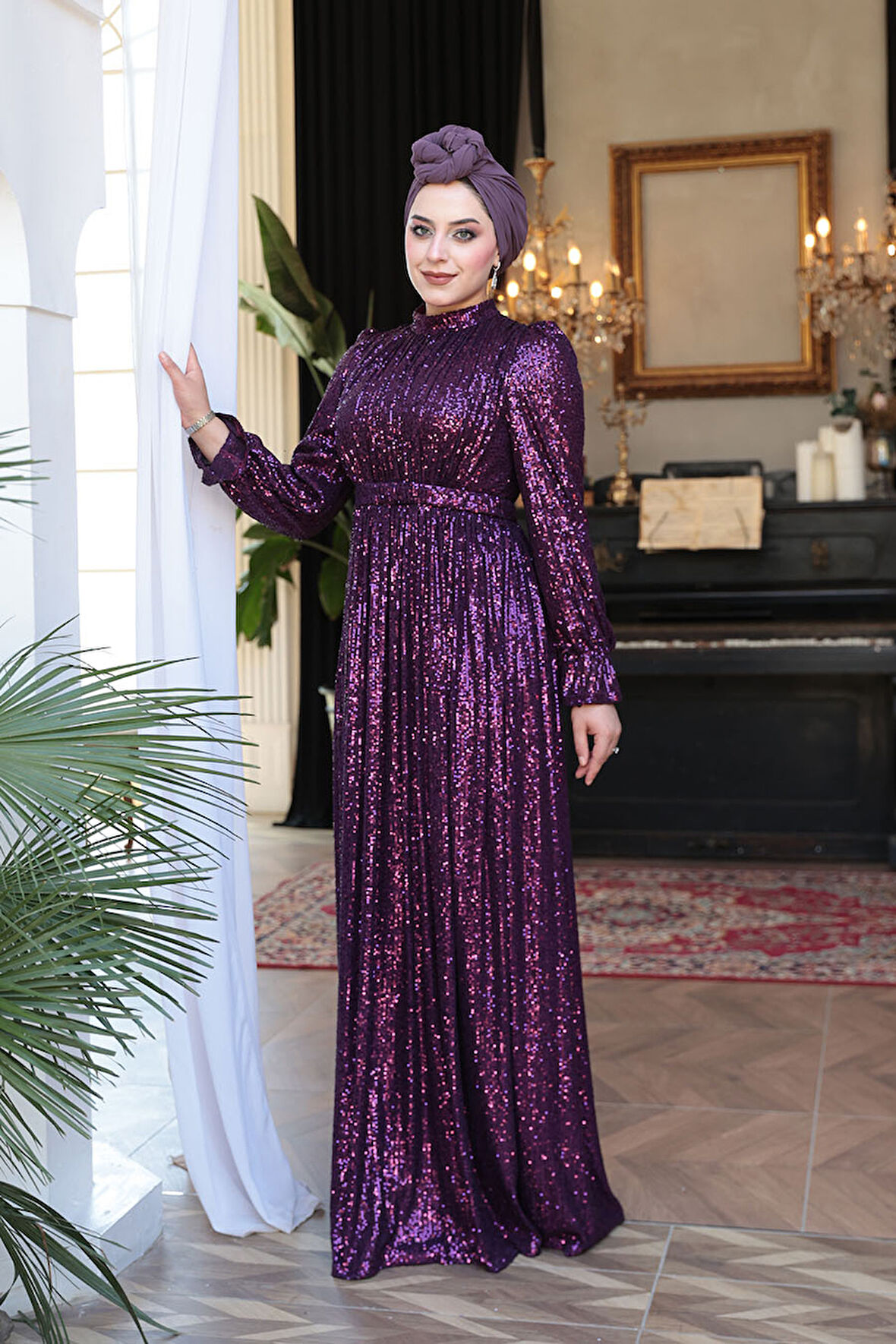 Payetli Mor Tesettür Abiye Elbise 44961MOR