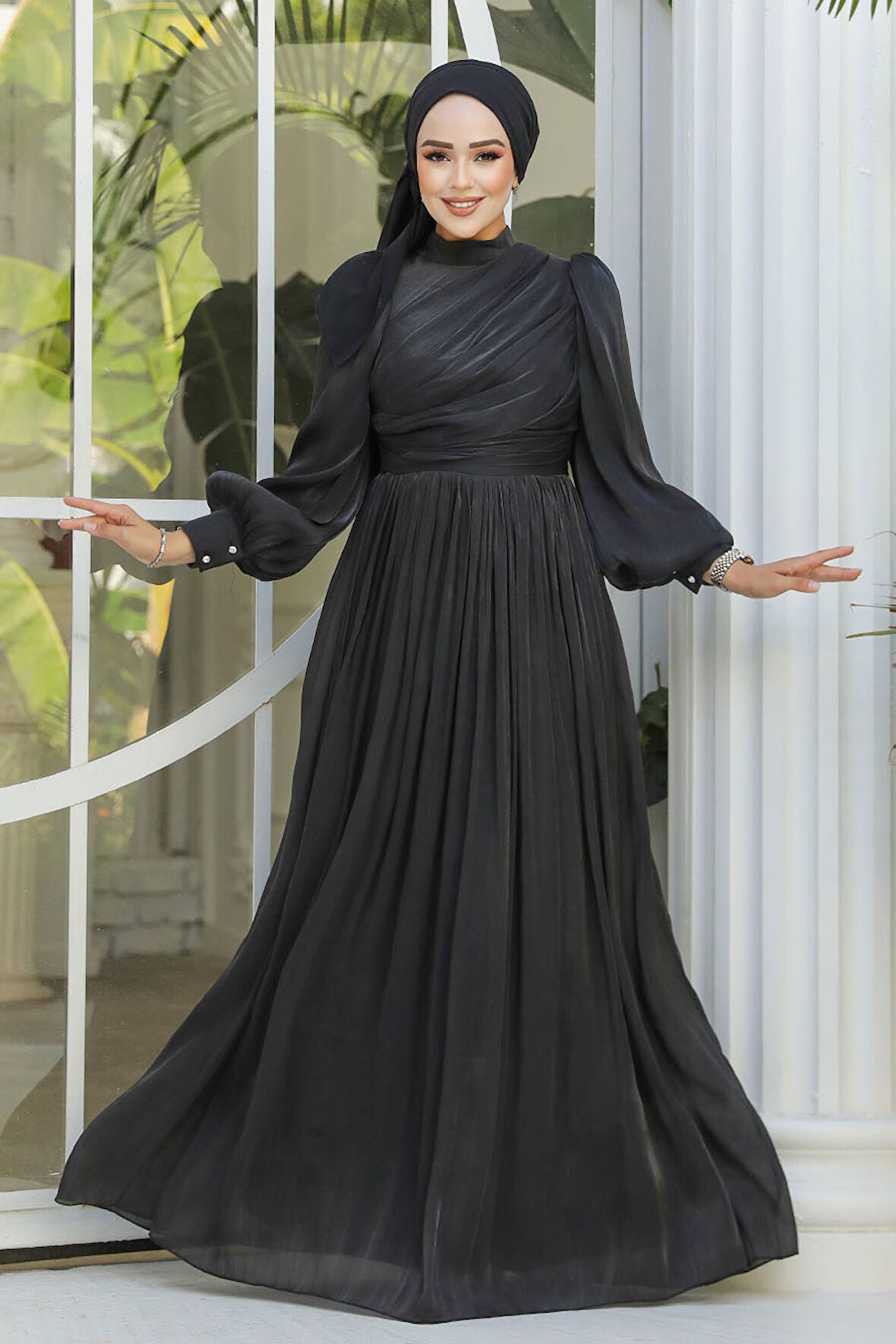 Drape Detaylı Siyah Tesettür Abiye Elbise 44081S