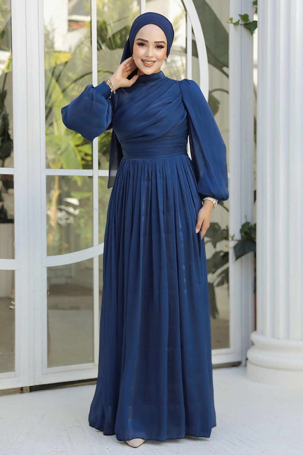 Drape Detaylı Lacivert Tesettür Abiye Elbise 44081L