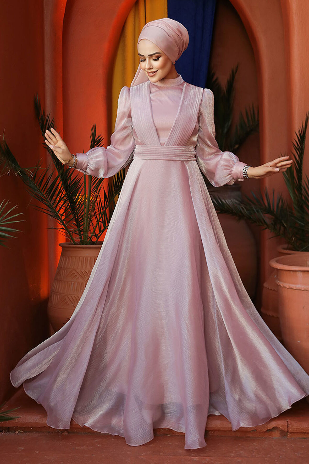 Drape Detaylı Pudra Tesettür Abiye Elbise 45701PD