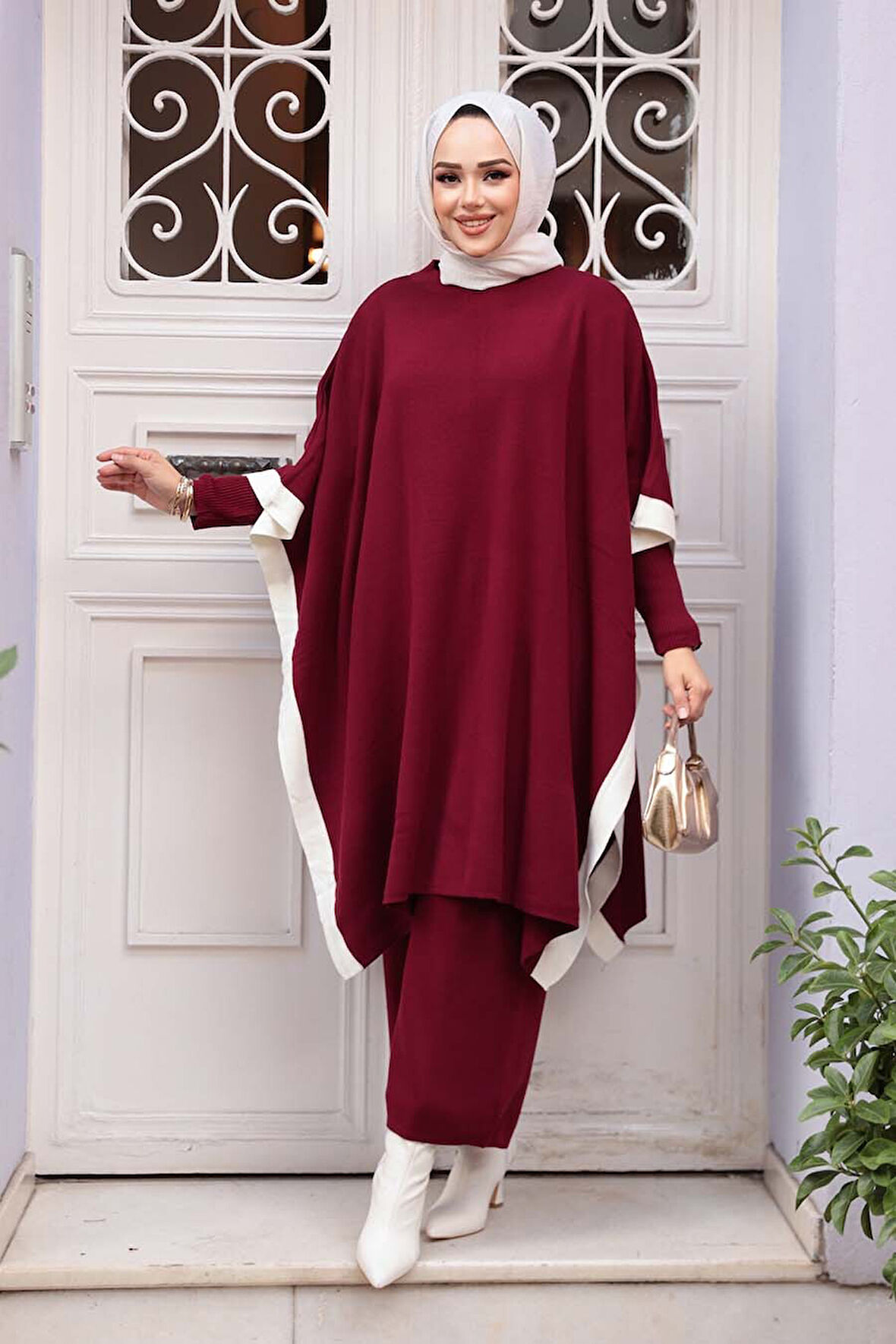 Pançolu Bordo Tesettür Triko Üçlü Takım 33850BR