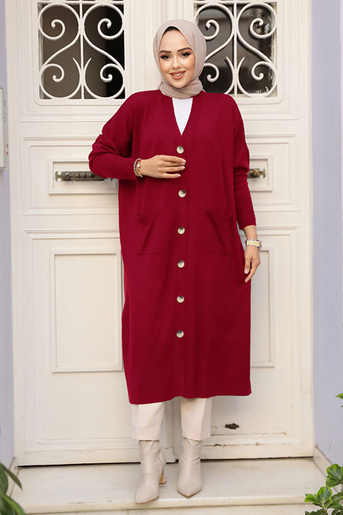 Düğmeli Bordo Tesettür Triko Hırka 30582BR