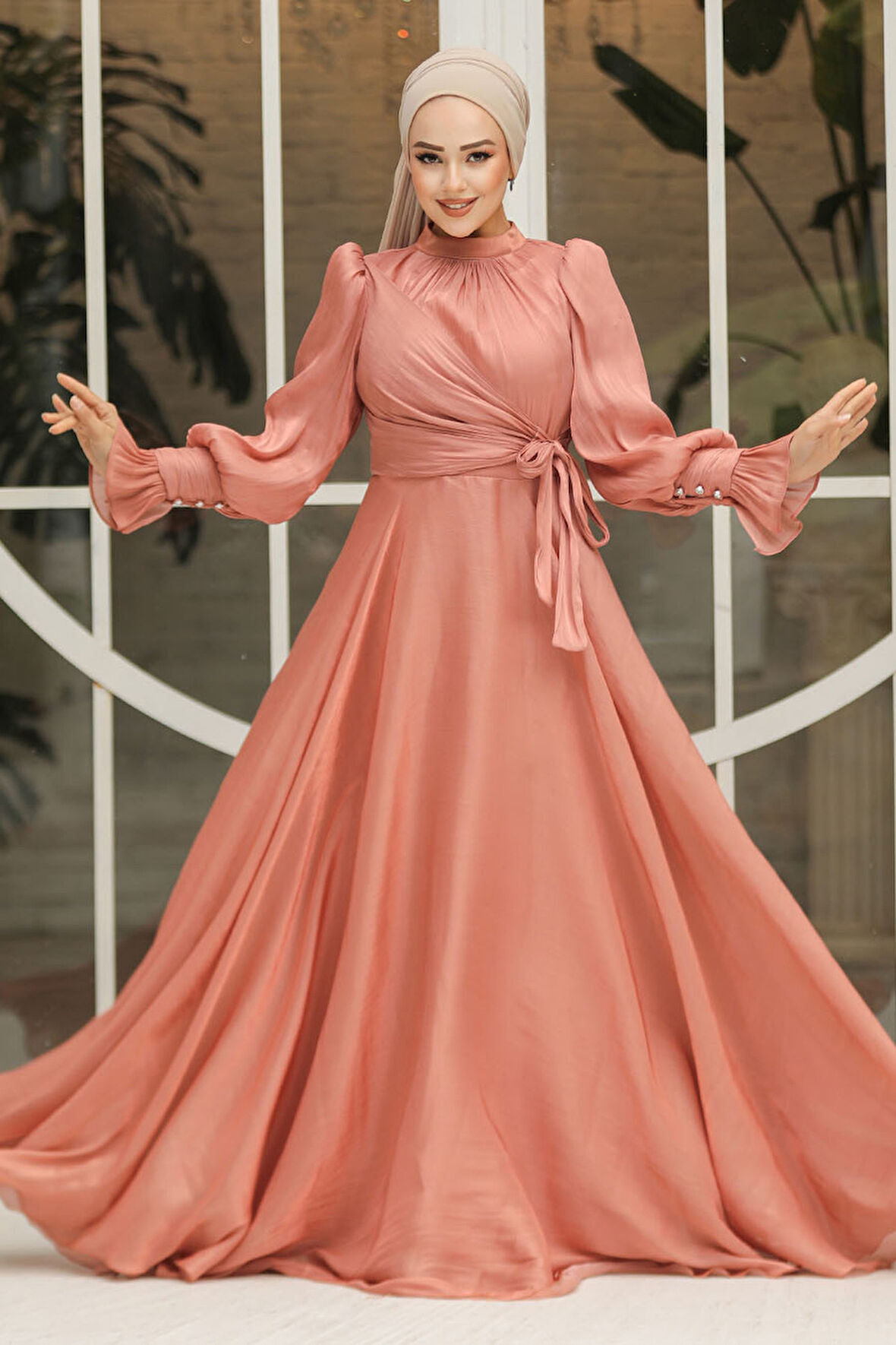 Bağlama Detaylı Bakır Tesettür Abiye Elbise 48051BKR