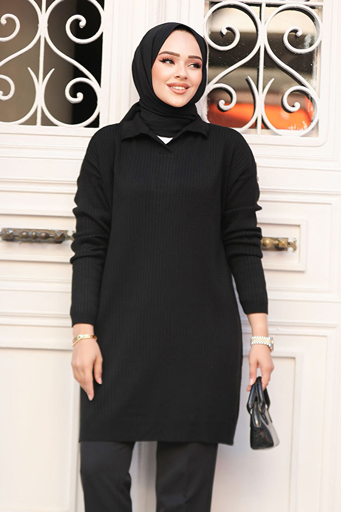Fitilli Siyah Tesettür Triko Tunik 65903S