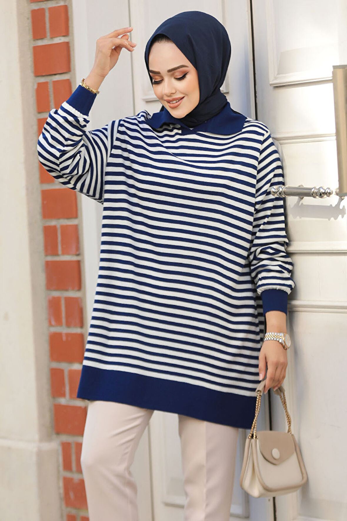 Çizgili Lacivert Tesettür Triko Tunik 65904L