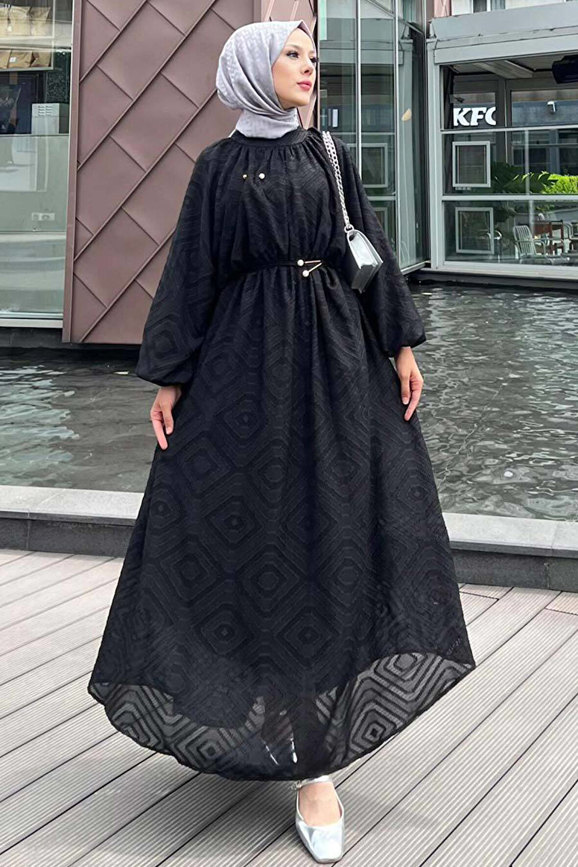 Desenli Siyah Tesettür Elbise 14291S