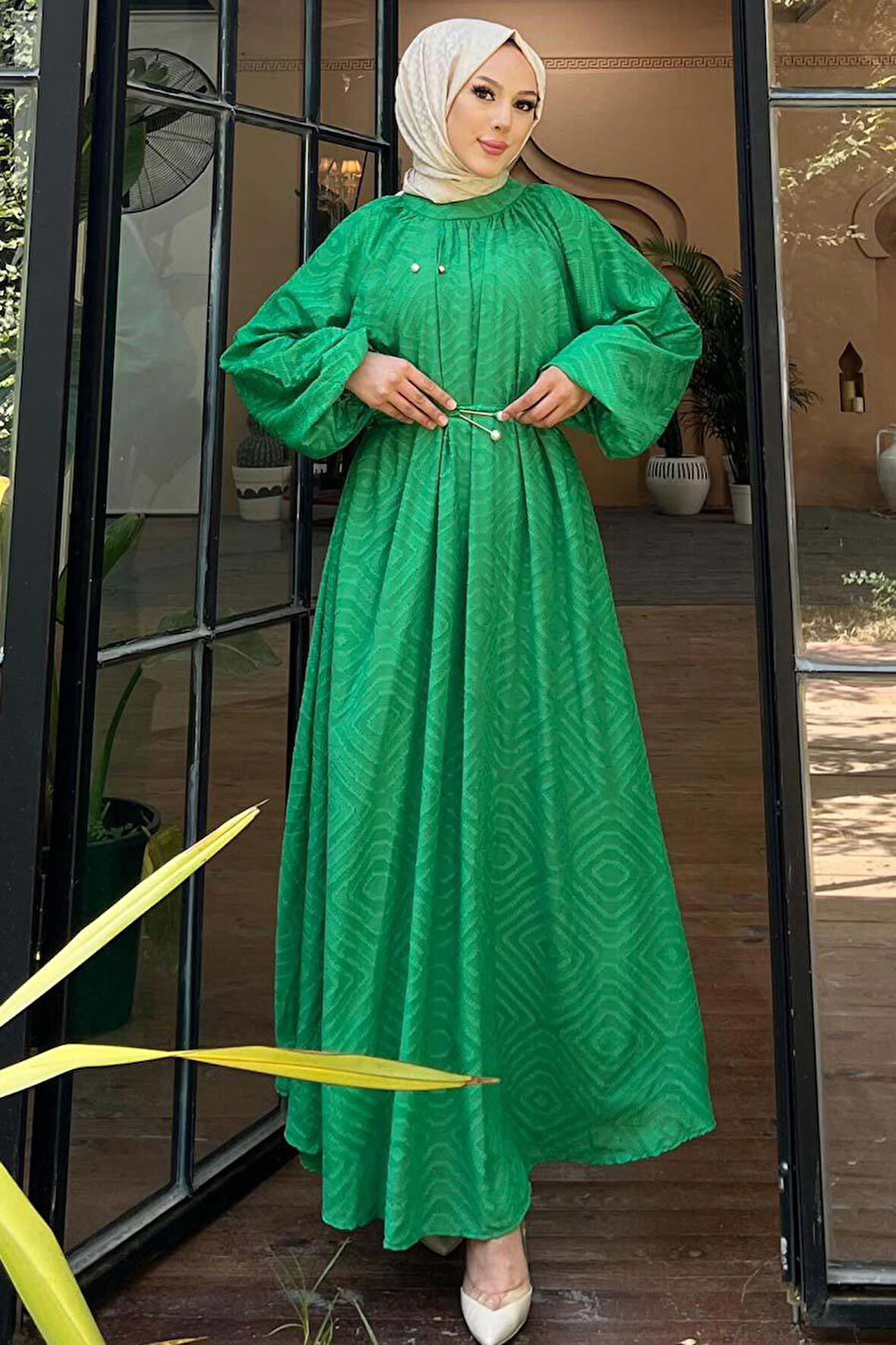 Desenli Zümrüt Yeşili Tesettür Elbise 14291ZY