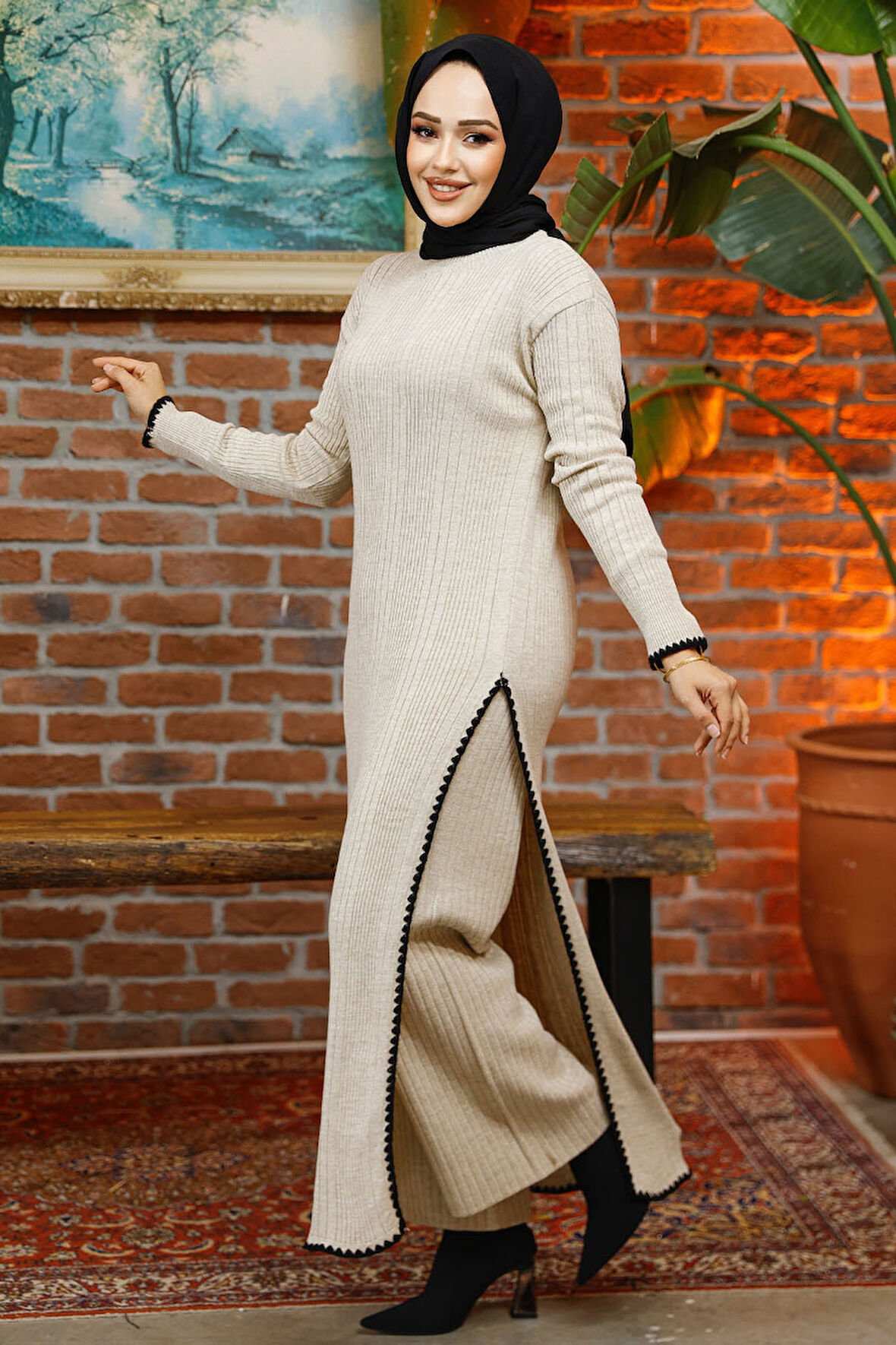 Fitilli Bej Tesettür Triko İkili Takım 35971BEJ