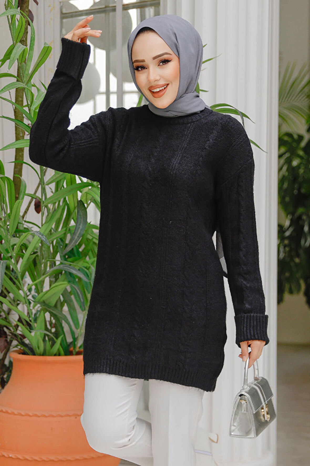 Örgü Desenli Siyah Tesettür Tunik Kazak 20051S