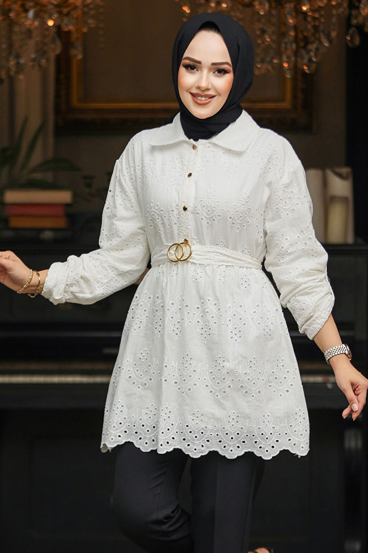 Güpürlü Beyaz Tesettür Tunik 14252B