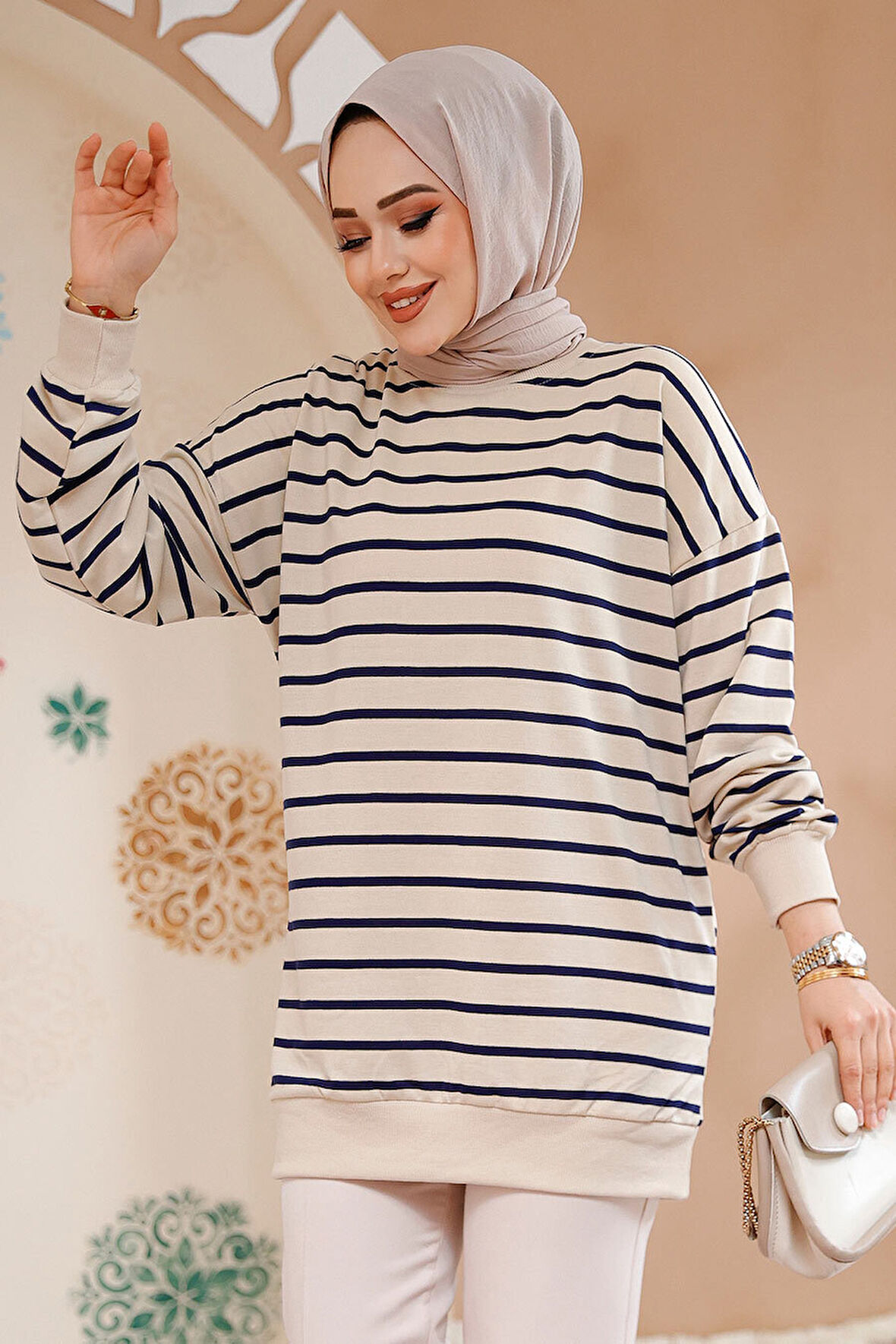 Çizgili Lacivert Tesettür Tunik 30175L
