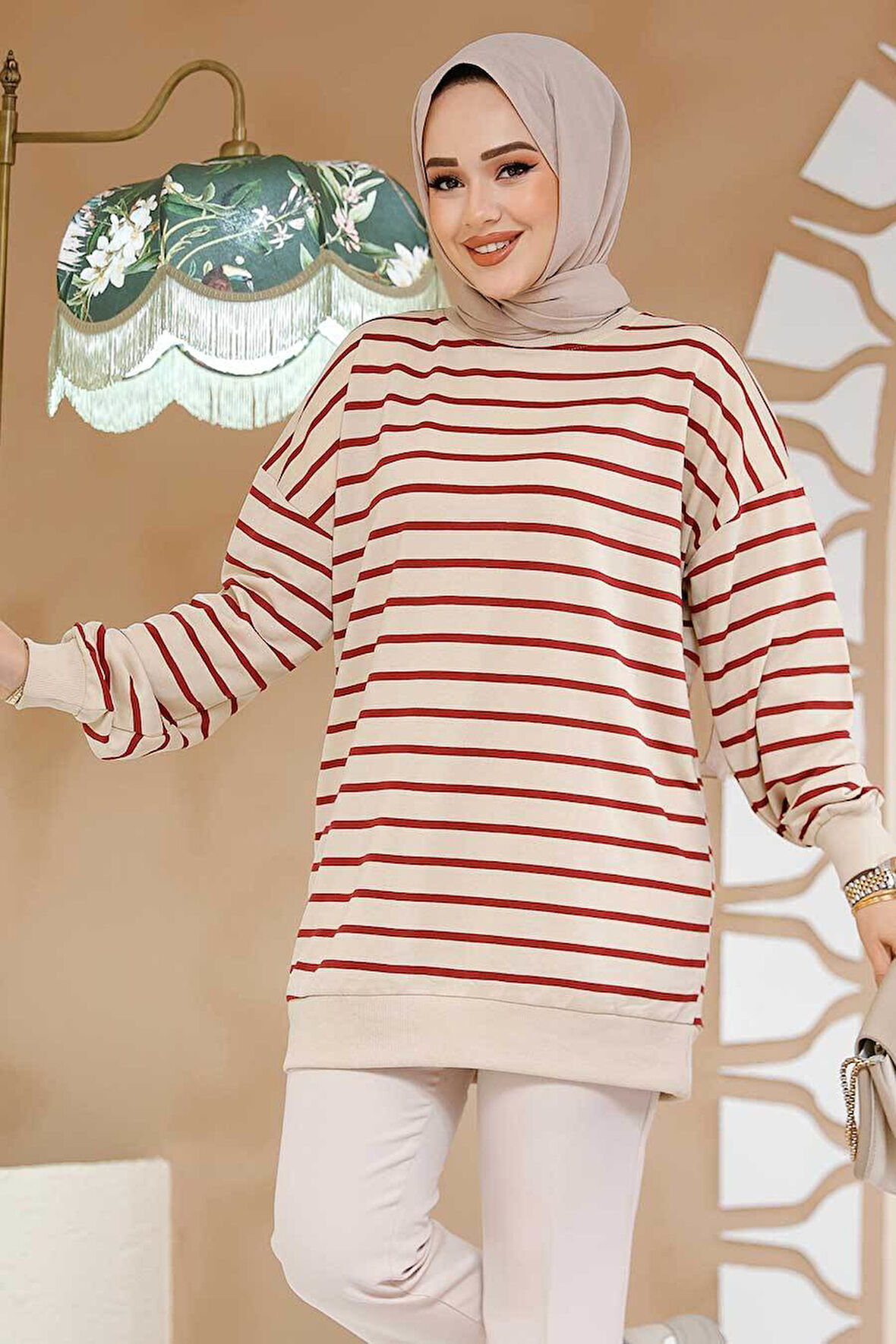 Çizgili Bordo Tesettür Tunik 30175BR