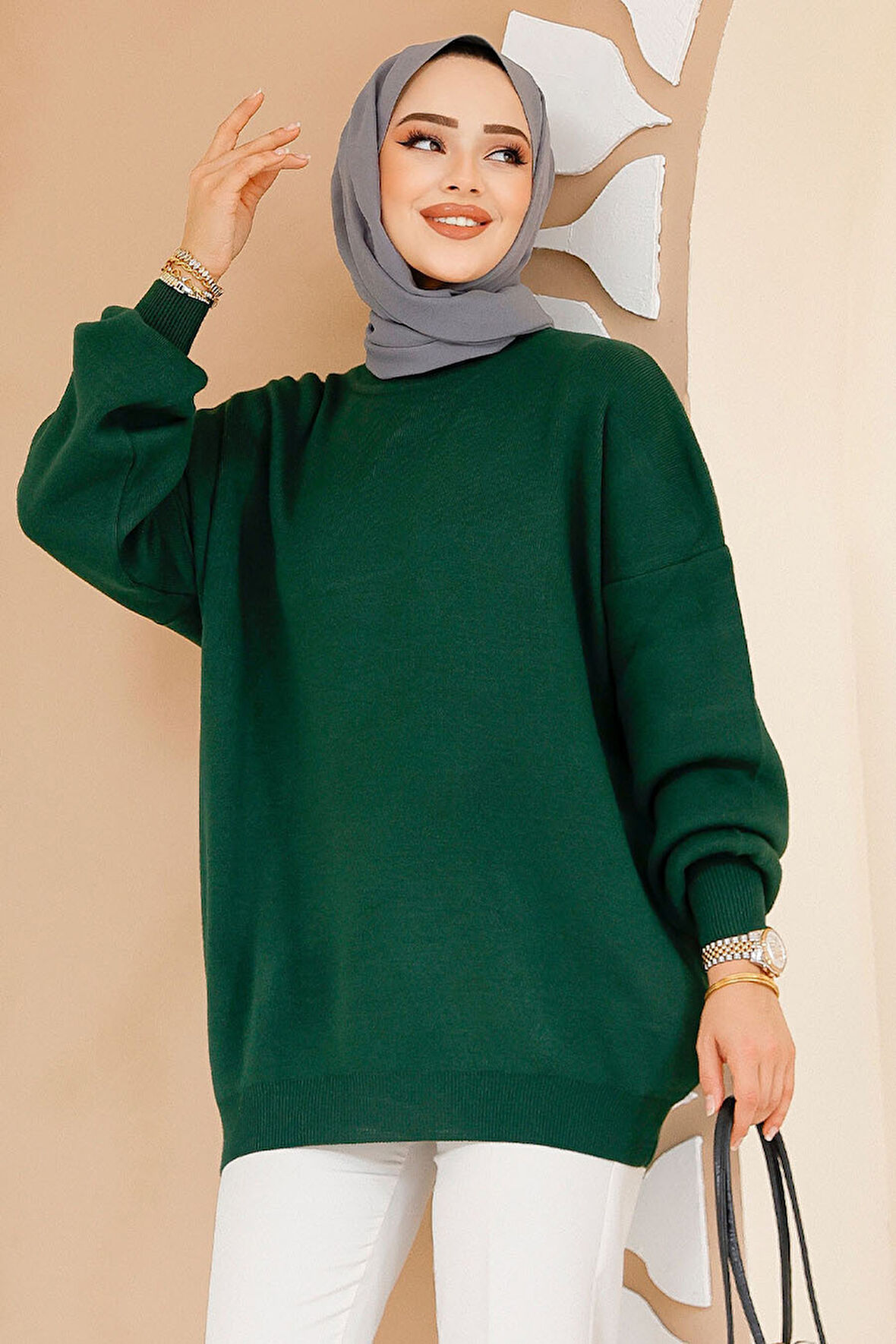 Zümrüt Yeşili Tesettür Kazak Tunik 17201ZY