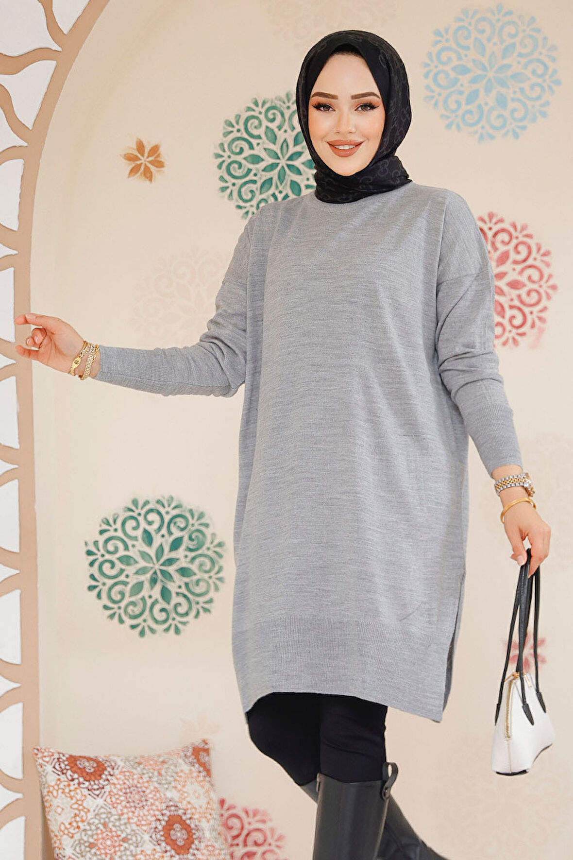 Gri Tesettür Triko Kazak Tunik 17203GR