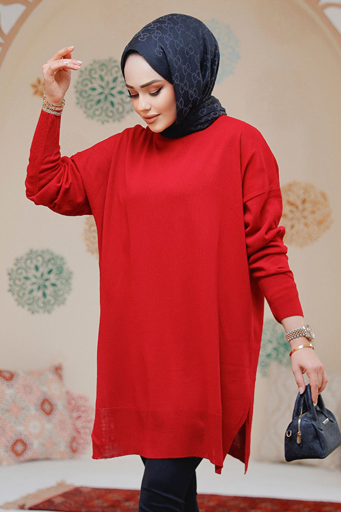 Kırmızı Tesettür Kazak Tunik 17203K
