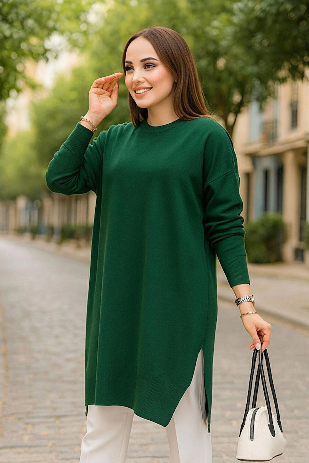 Zümrüt Yeşili Tesettür Kazak Tunik 17203ZY