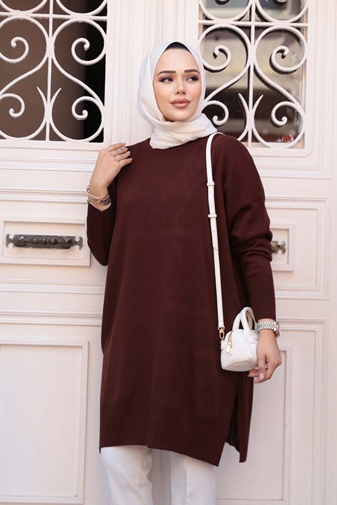 Kahverengi Tesettür Kazak Tunik 17203KH