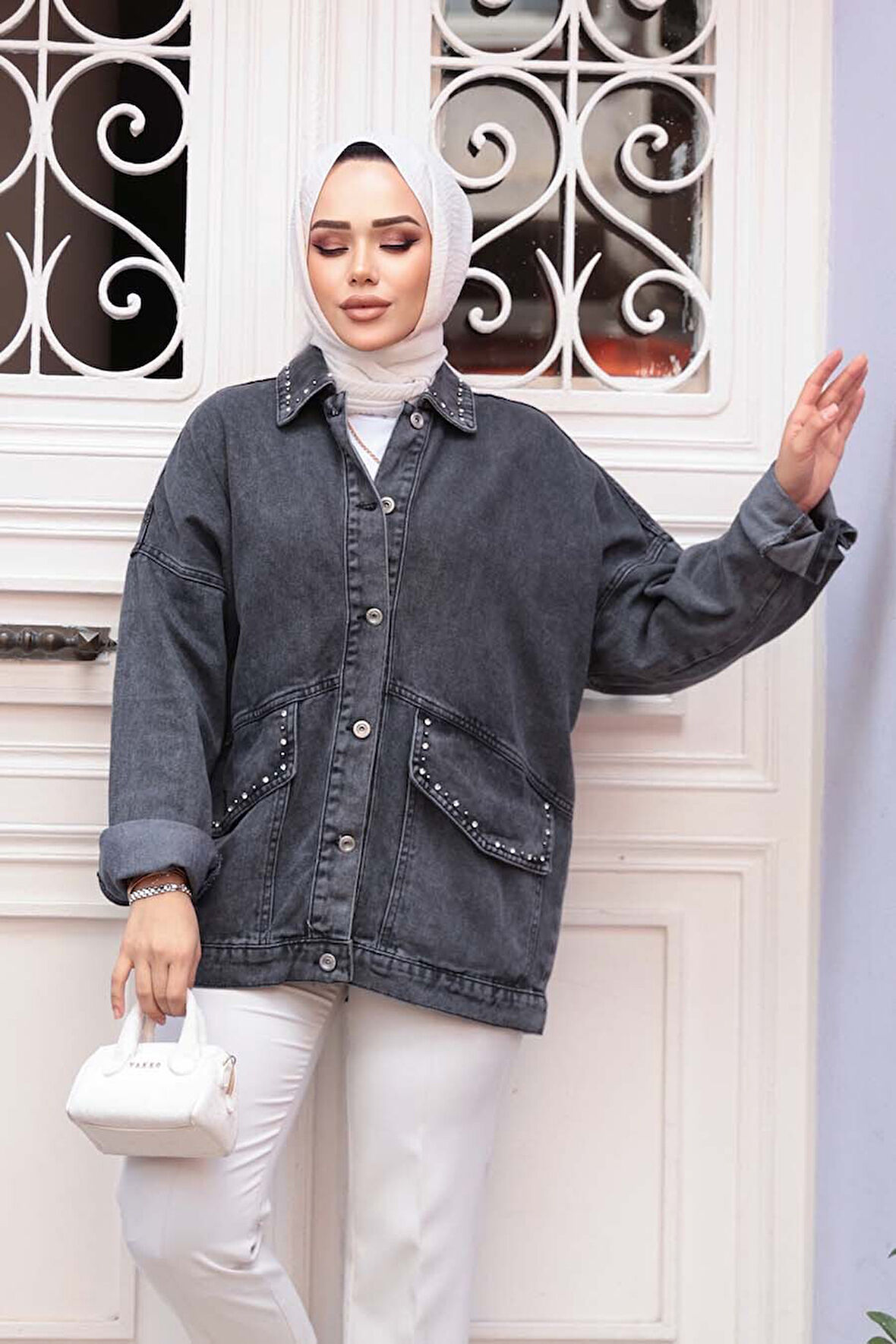 Düğmeli Antrasit Tesettür Kot Ceket 20387ANT