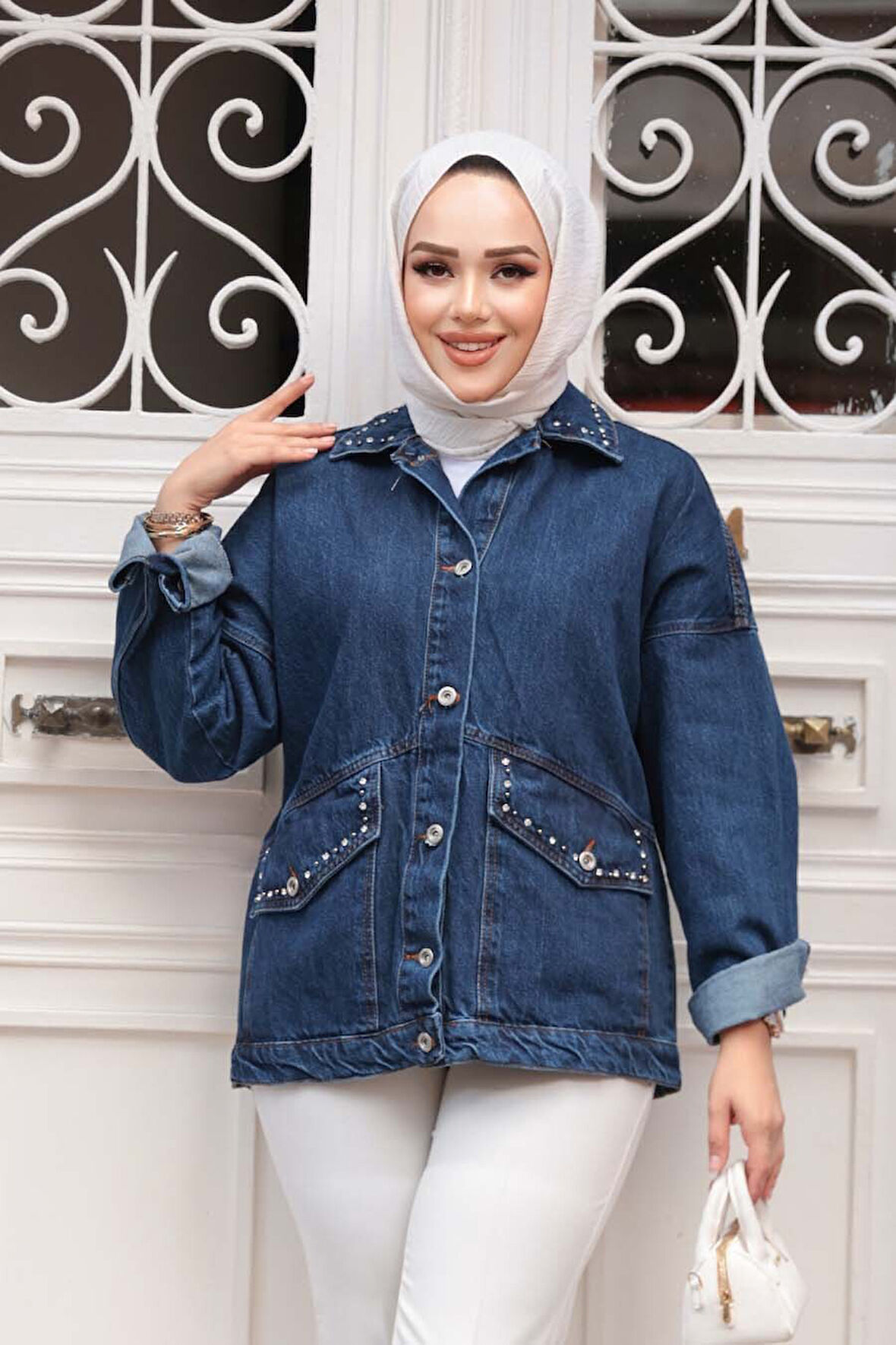 Düğmeli Lacivert Tesettür Kot Ceket 20387L