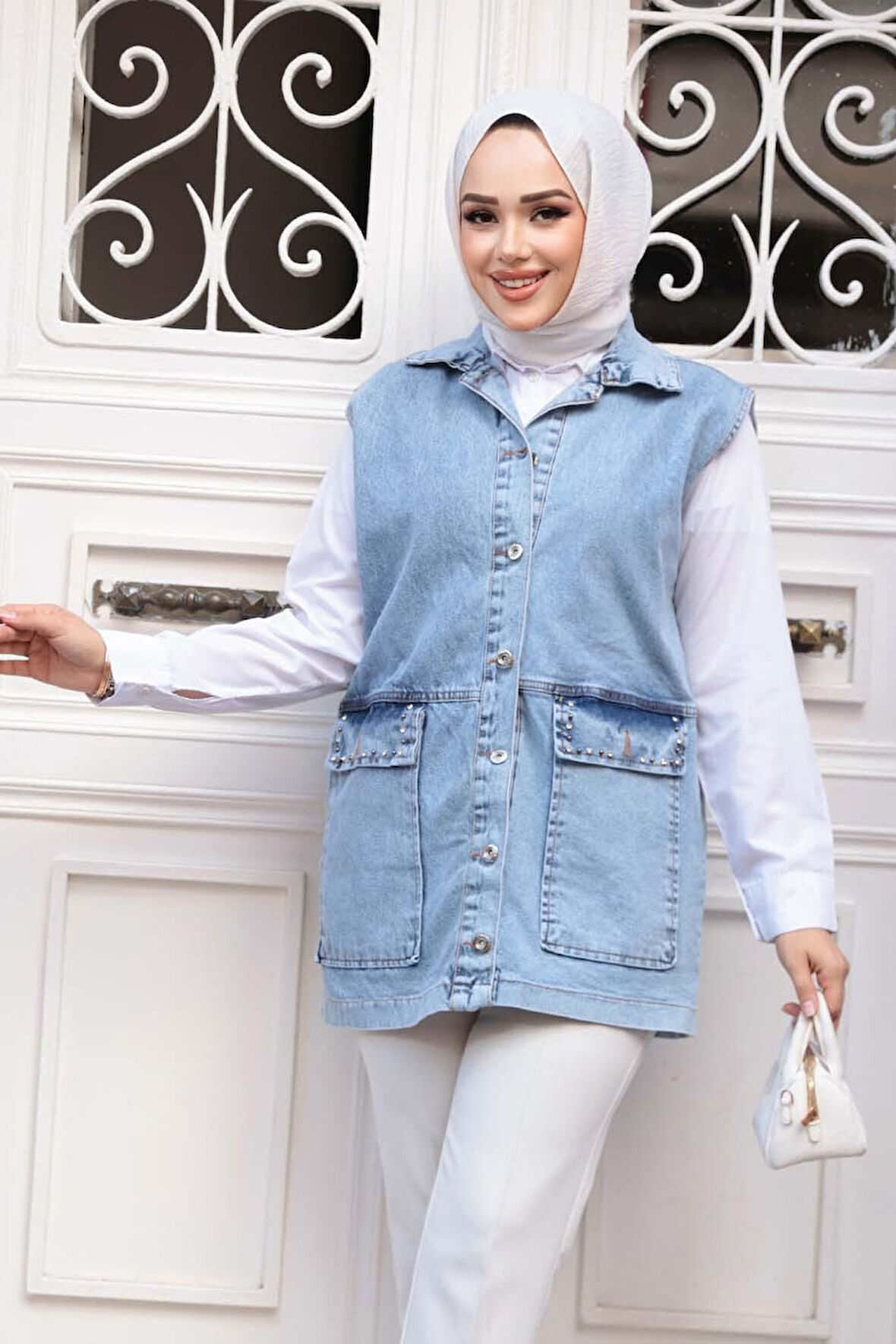 Düğmeli Mavi Tesettür Kot Yelek 20444M