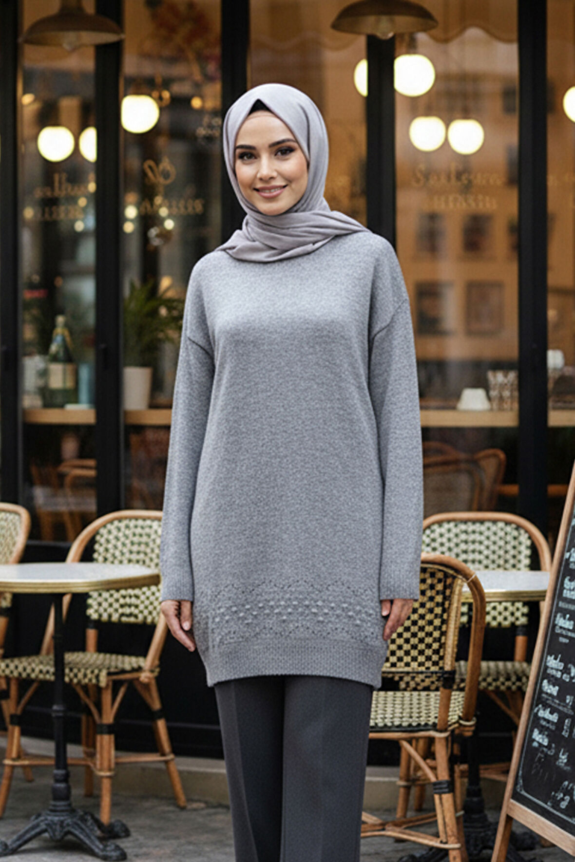 Desenli Gri Tesettür Triko Kazak Tunik 20023GR